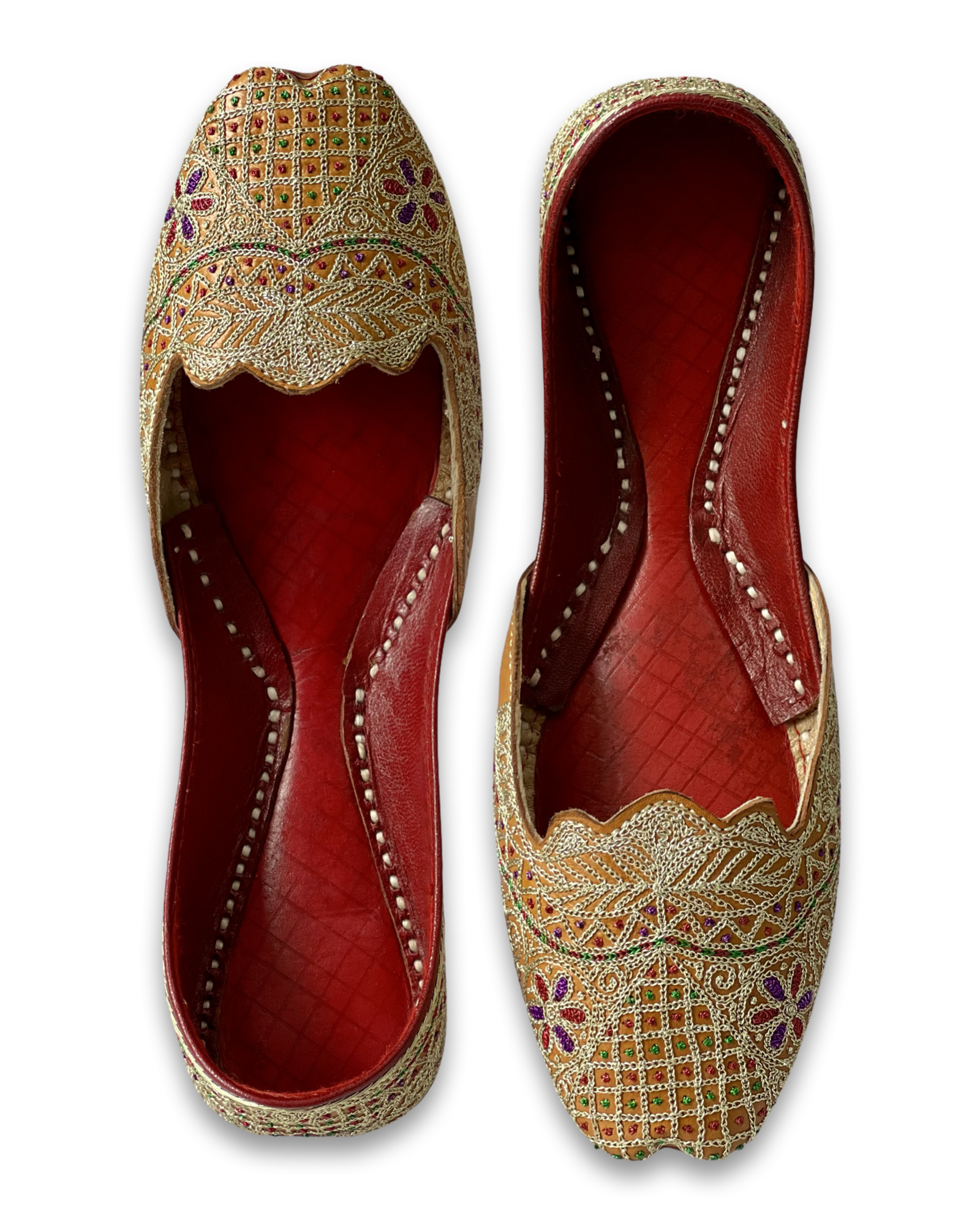 pha || women's traditional handcrafted leather punjabi jutti, gold embroidered, multicolour floral cut design juttis
