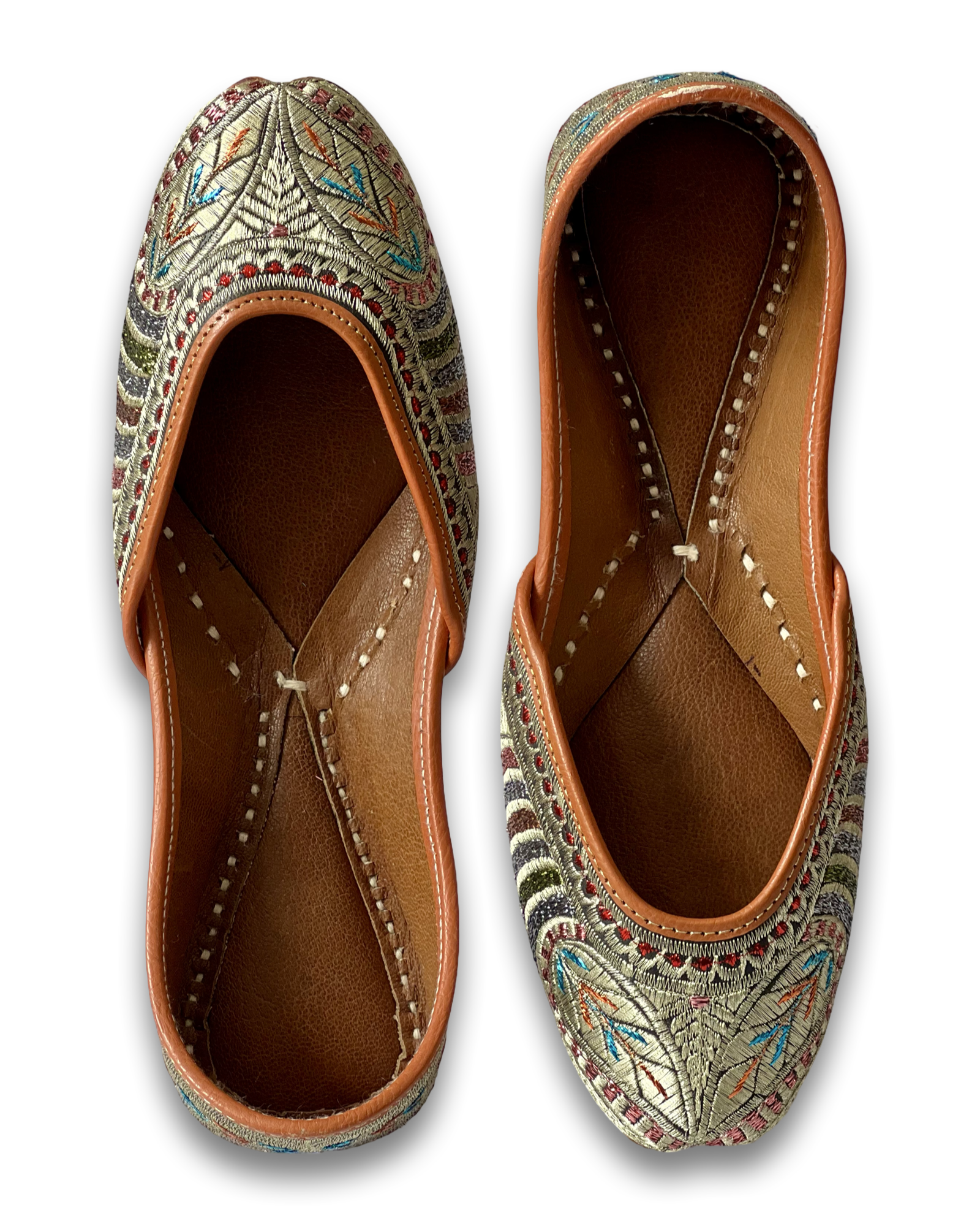 pha || women's traditional embroidered brown leather trim punjabi jutti, multicolour floral pattern jutti
