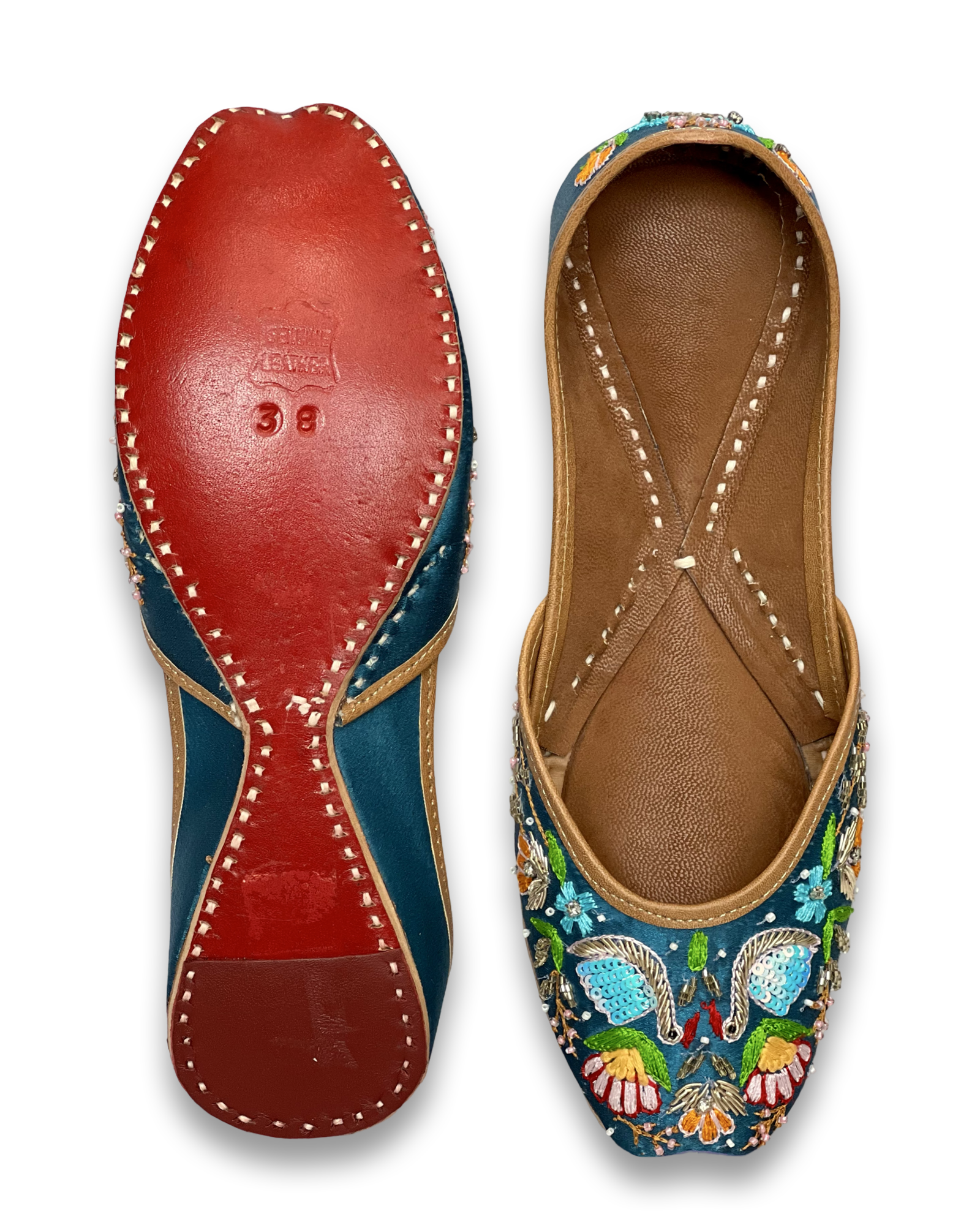 pha || traditional women's floral embroidered punjabi jutti flats, navy blue with multi colour stitching, stylish peacock design jutti