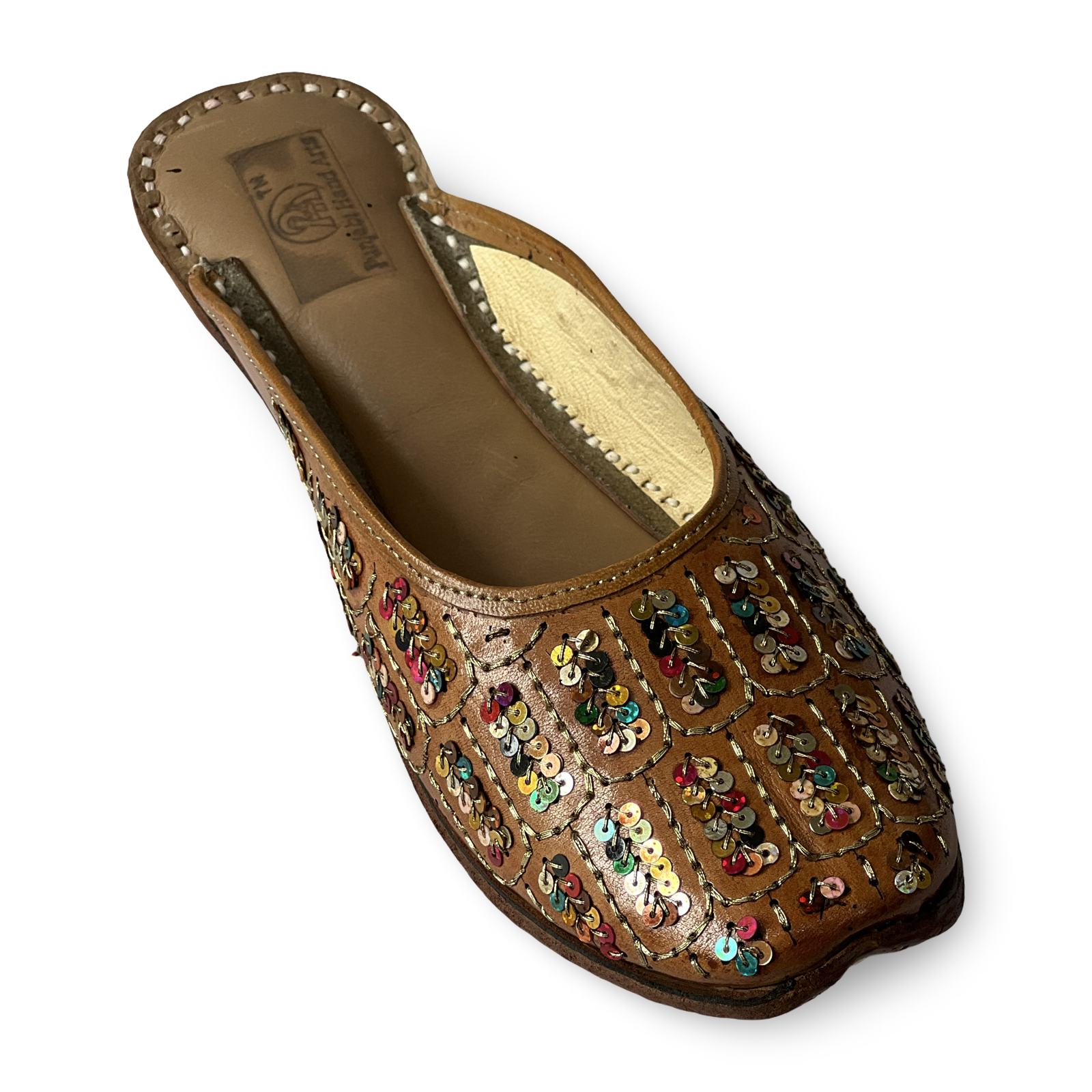 pha || wome's traditional sequined leather mojari, back open handcrafted embellished flats jutti | punjabi juttis