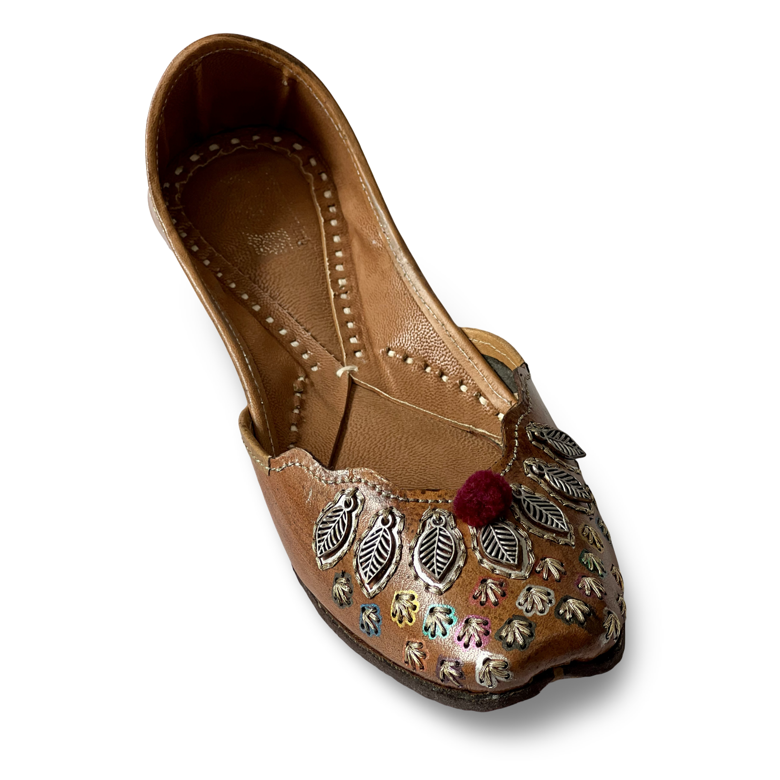 pha || women's traditional embroidered punjabi jutti, brown leather, decorative metal leaf design, phas juttis