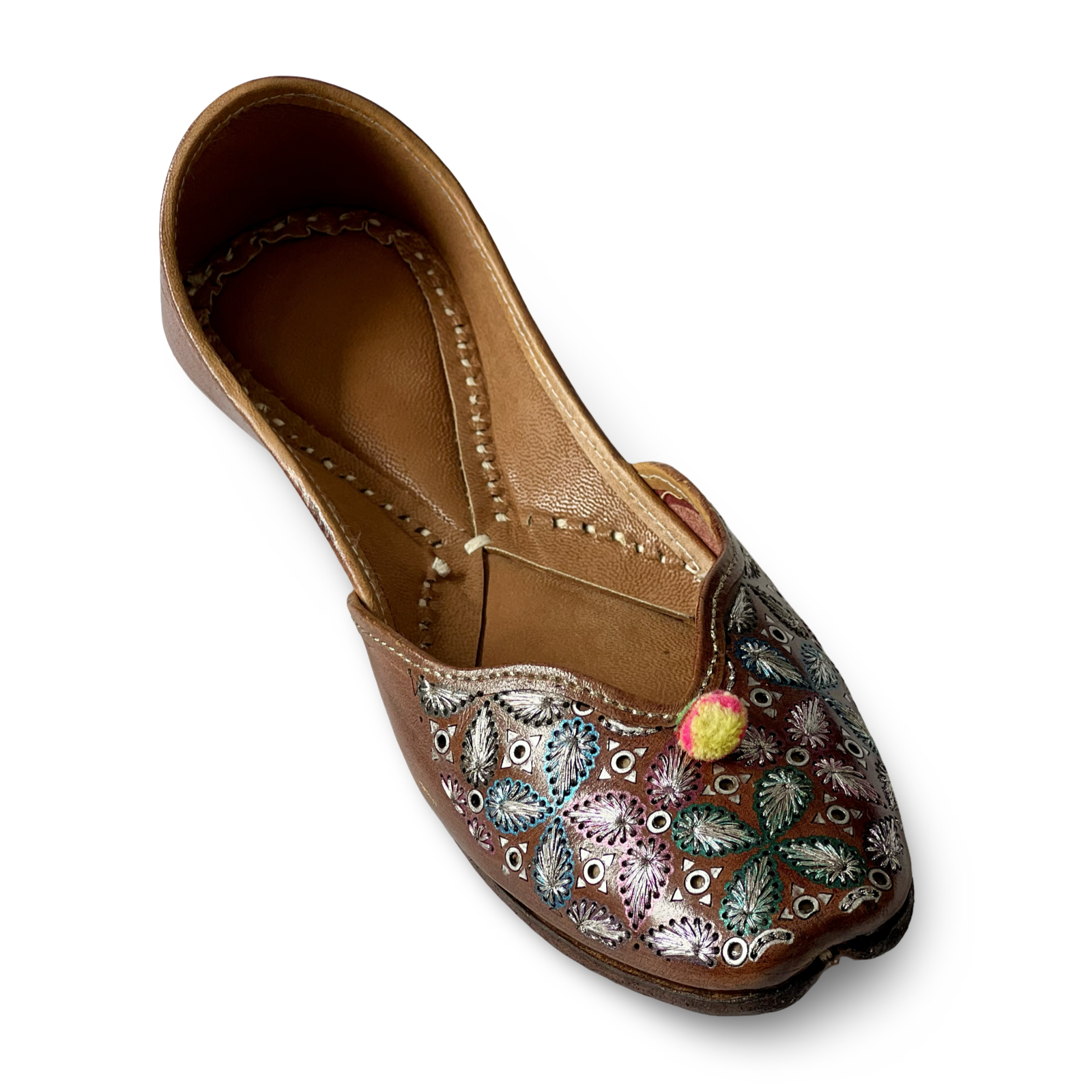pha || women's embroidered leather jutti, traditional brown floral design, round toe punjabi jutti