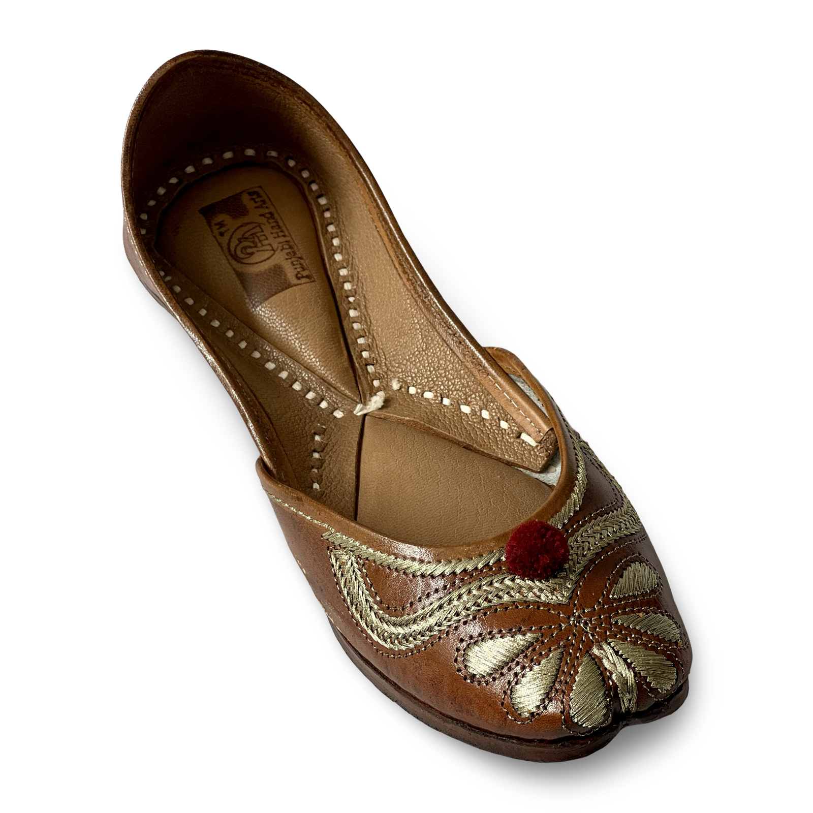 pha || traditional women's embroidered leather soft punjabi jutti, brown with gold floral design, mary jane style punjabi juttis
