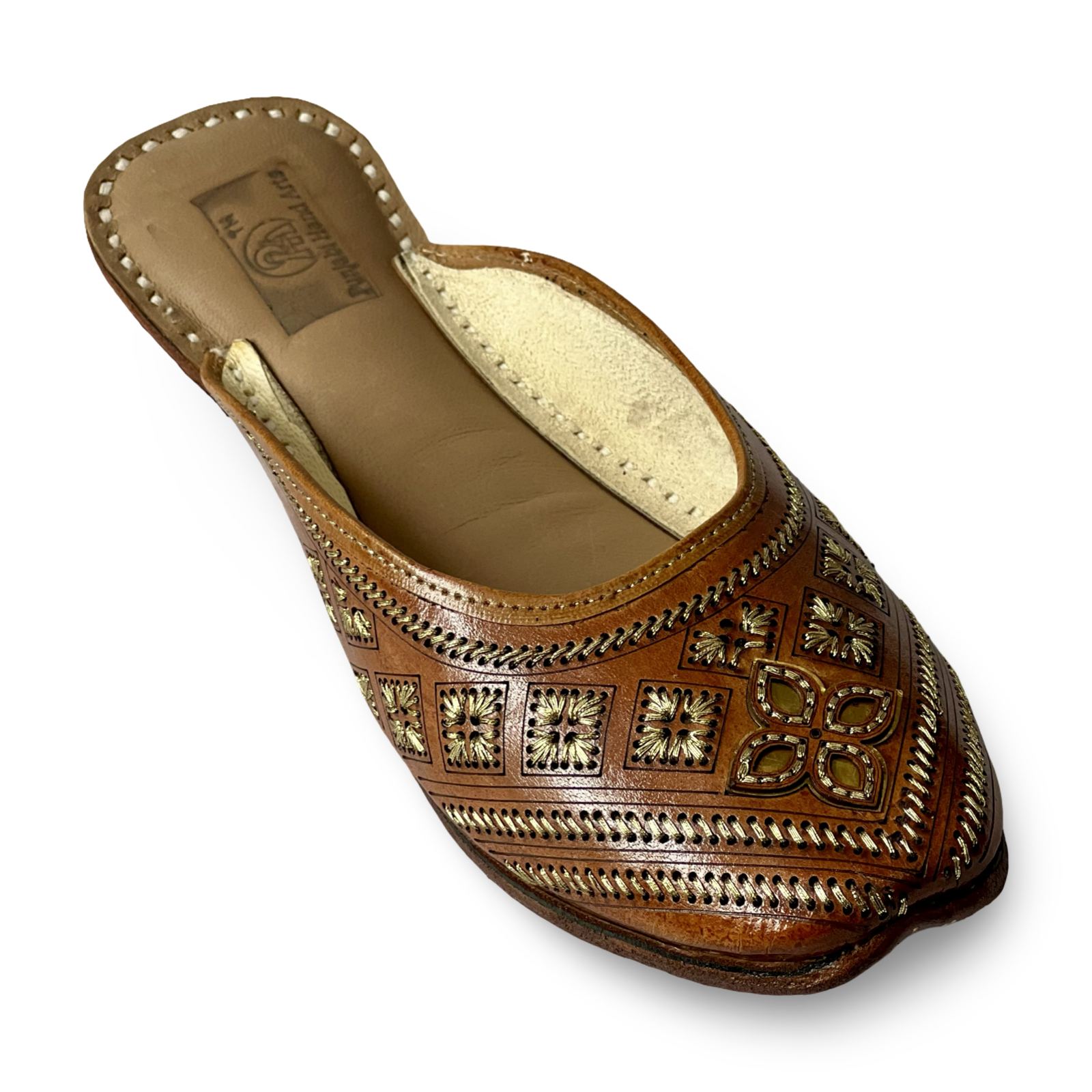 pha || women's traditional handcrafted leather mules, brown with gold embroidery, back open jutti | phas punjabi juttis