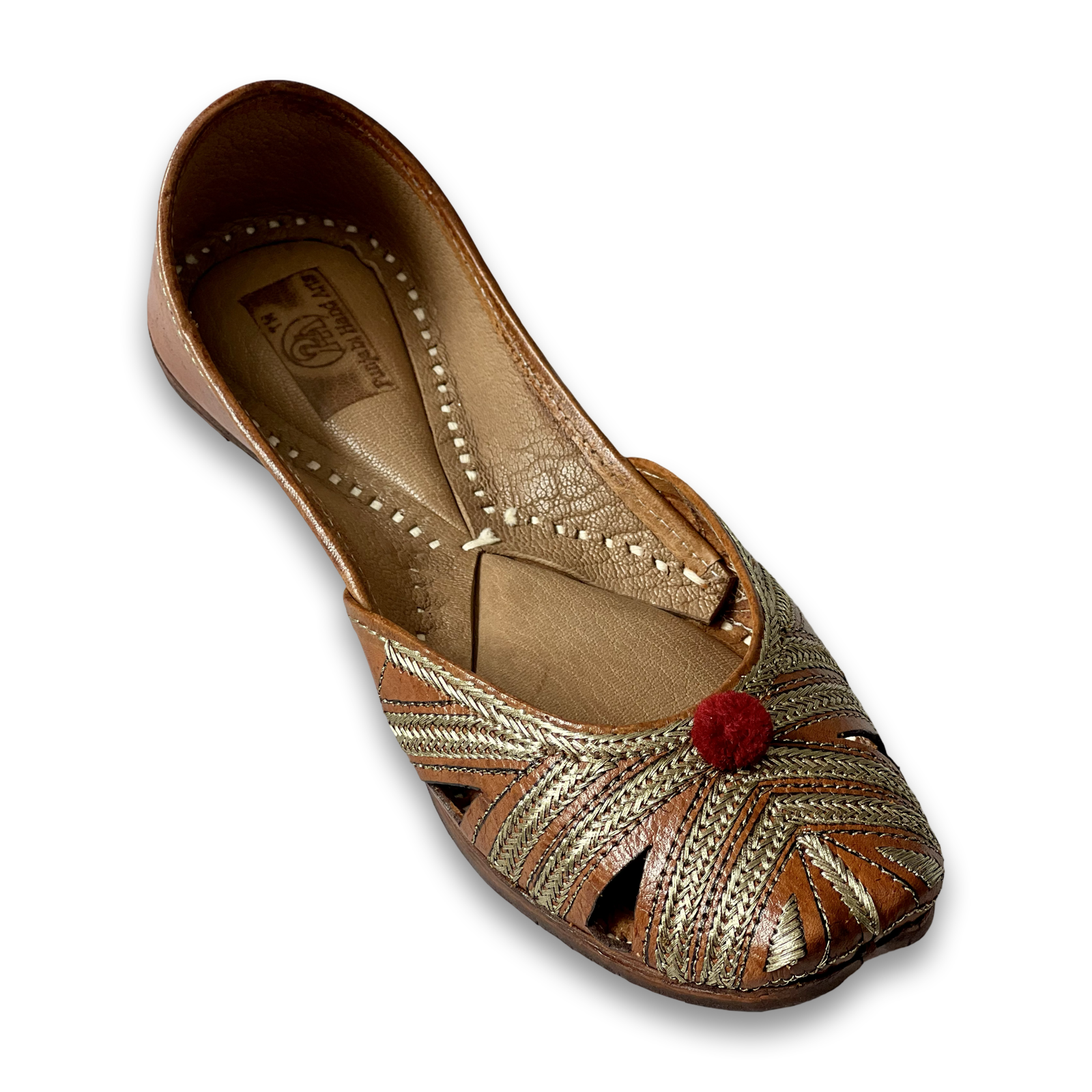 pha || women's woven leather soft punjabi jutti, brown and gold, decorative red pom pom, vintage style juttis