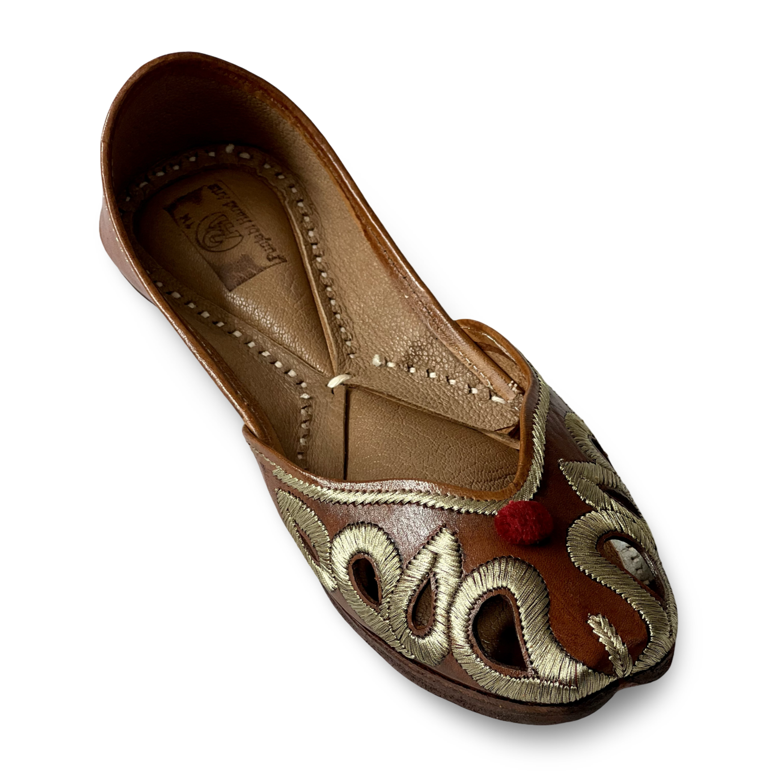 pha || traditional women's embroidered leather jutti, brown with gold floral design, slip on comfort & durable punjabi jutti