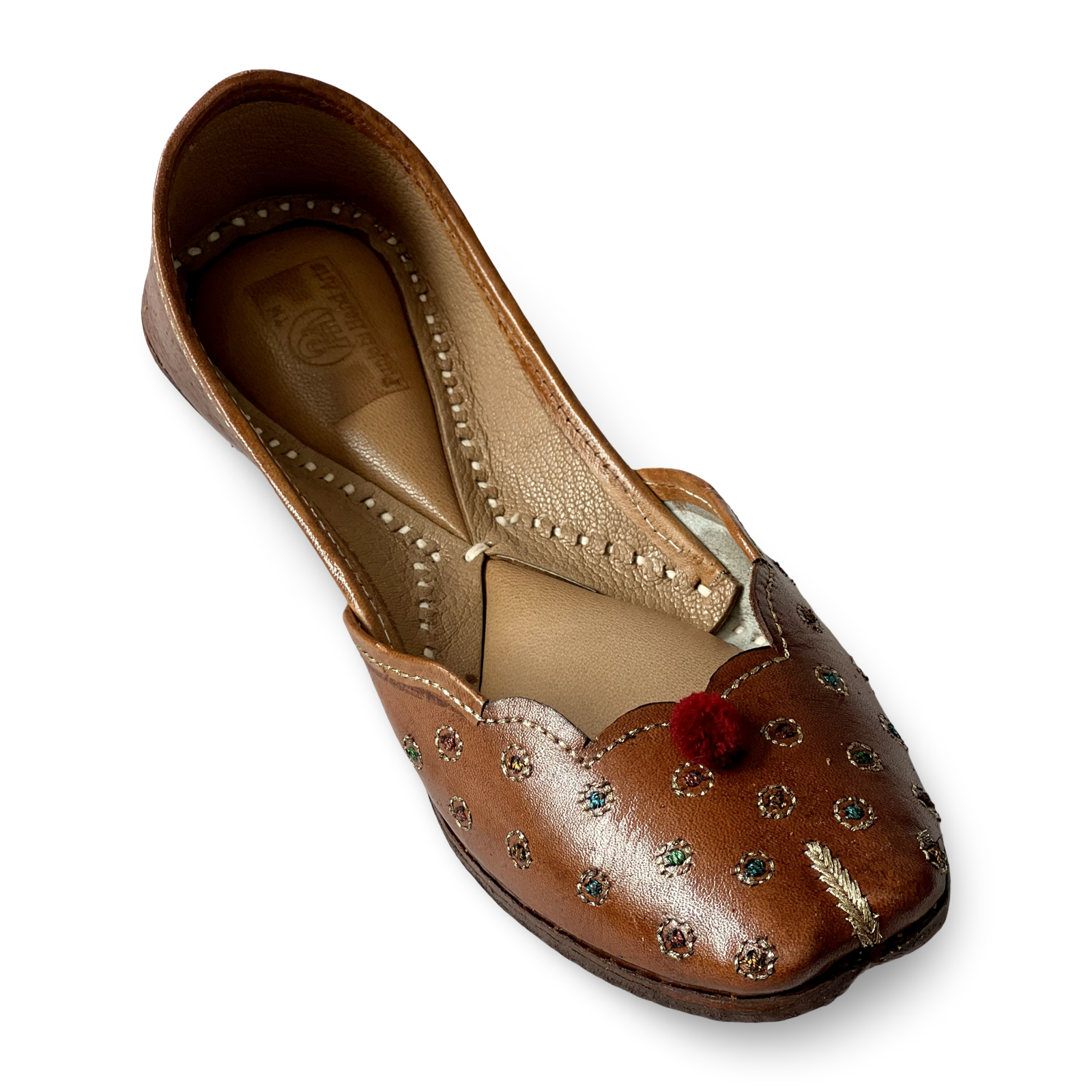 pha || traditional handcrafted leather juttis, brown with gold embroidered leaves, red pom pom soft & durable punjabi jutti