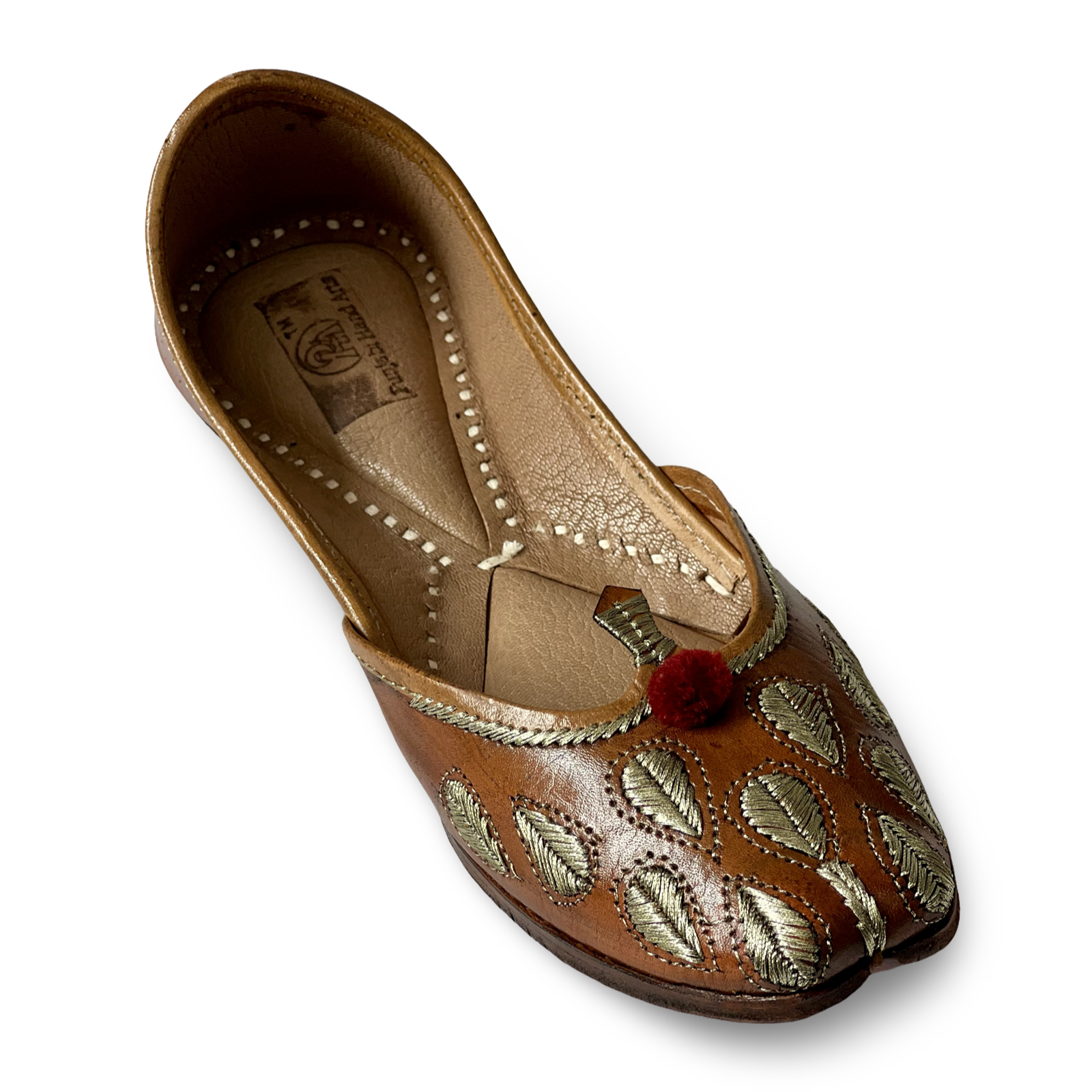 pha || traditional handcrafted leather juttis, brown with gold embroidered leaves, red pom pom soft & durable punjabi jutti
