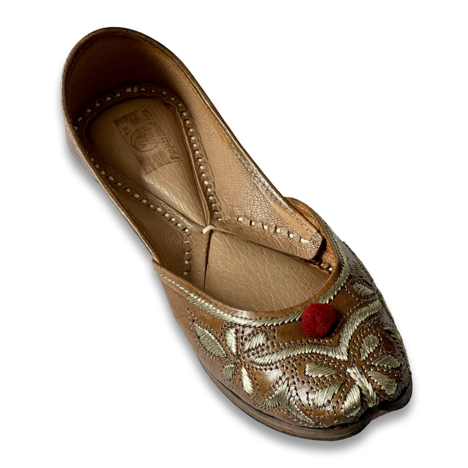 pha || traditional embroidered floral punjabi juttis, brown leather with gold thread design, red pom pom soft & durable jutti