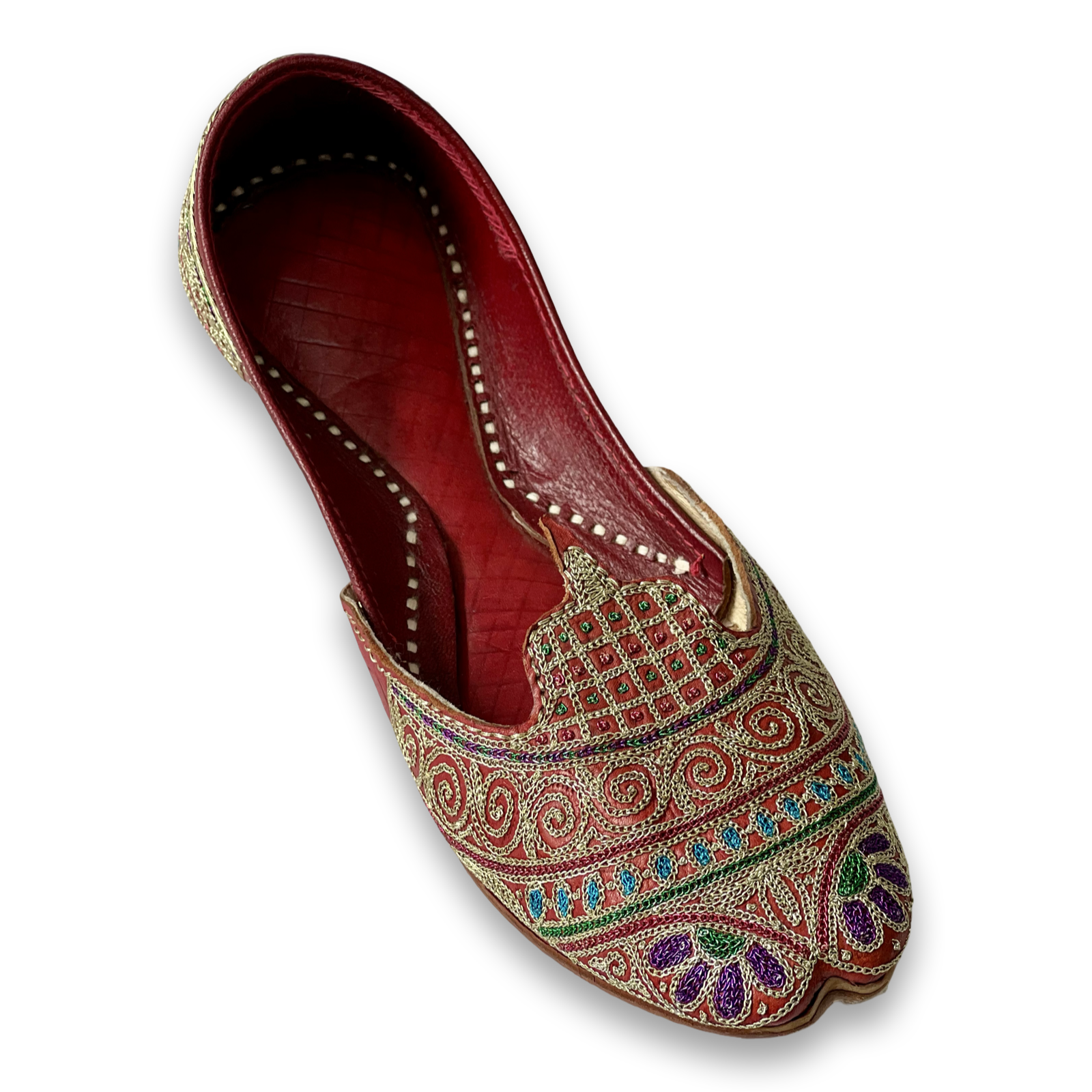 pha || women's traditional handcrafted leather punjabi jutti, embroidered with multi colour thread work, maroon jutti