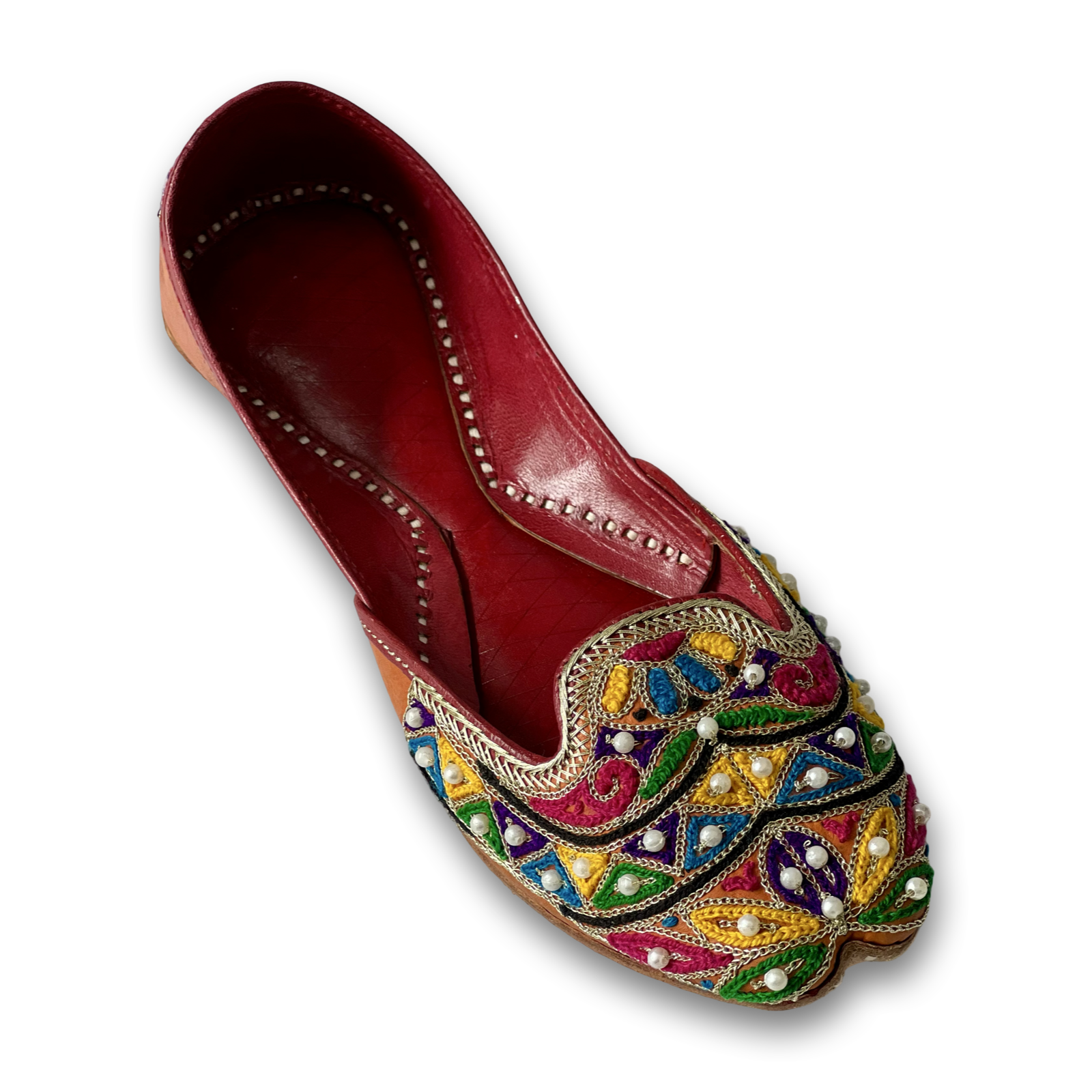 pha || women's traditional handcrafted leather punjabi jutti, multicolour embroidered, pearl beaded juttis, orange juttis