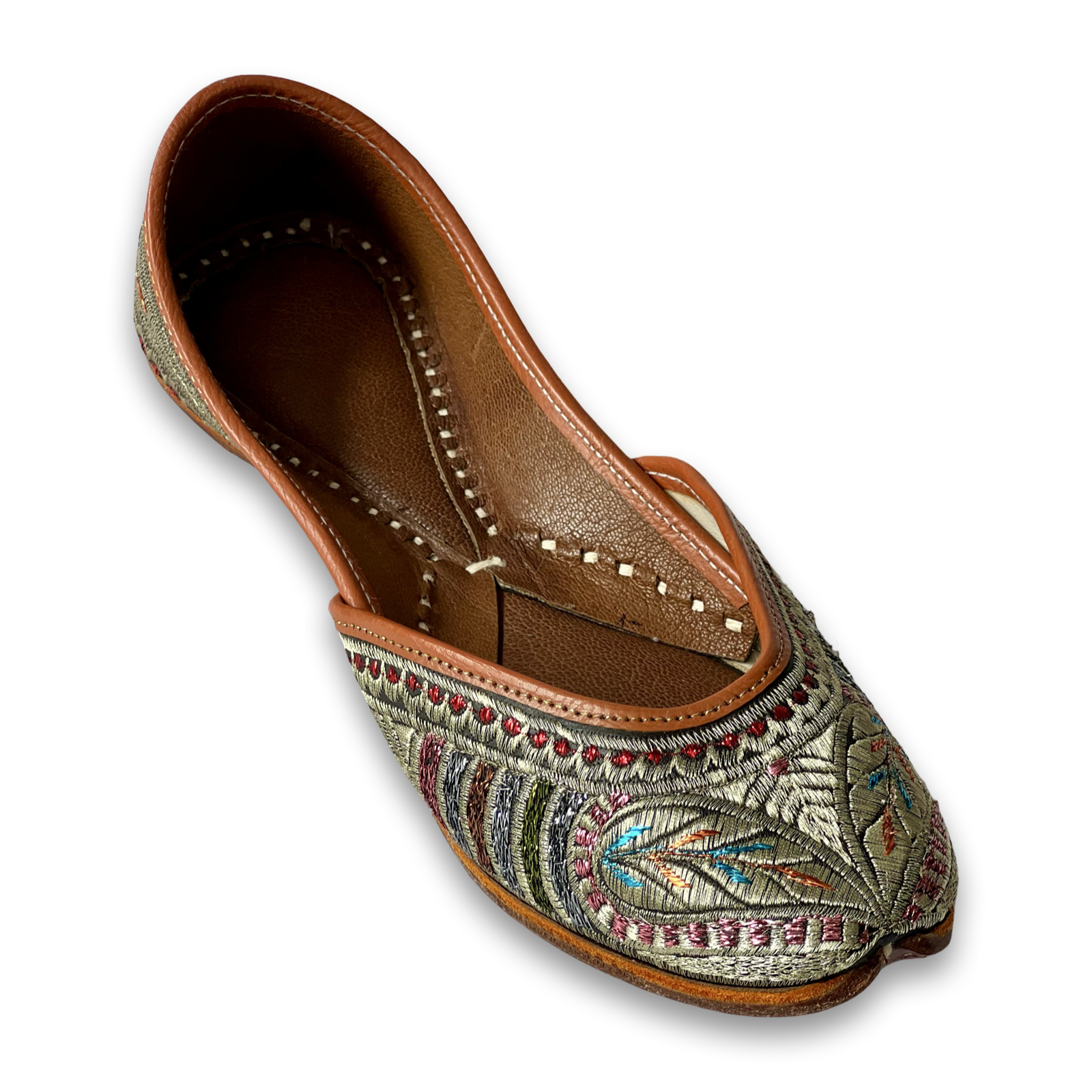 pha || women's traditional embroidered brown leather trim punjabi jutti, multicolour floral pattern jutti