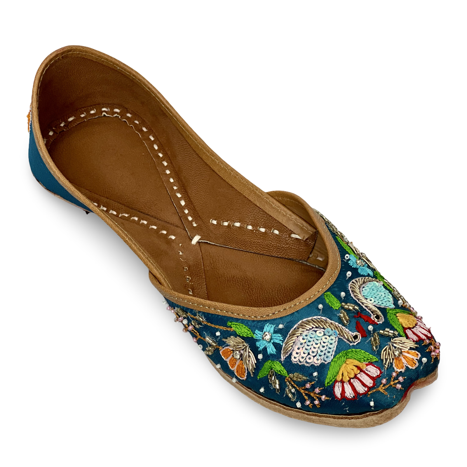 pha || traditional women's floral embroidered punjabi jutti flats, navy blue with multi colour stitching, stylish peacock design jutti