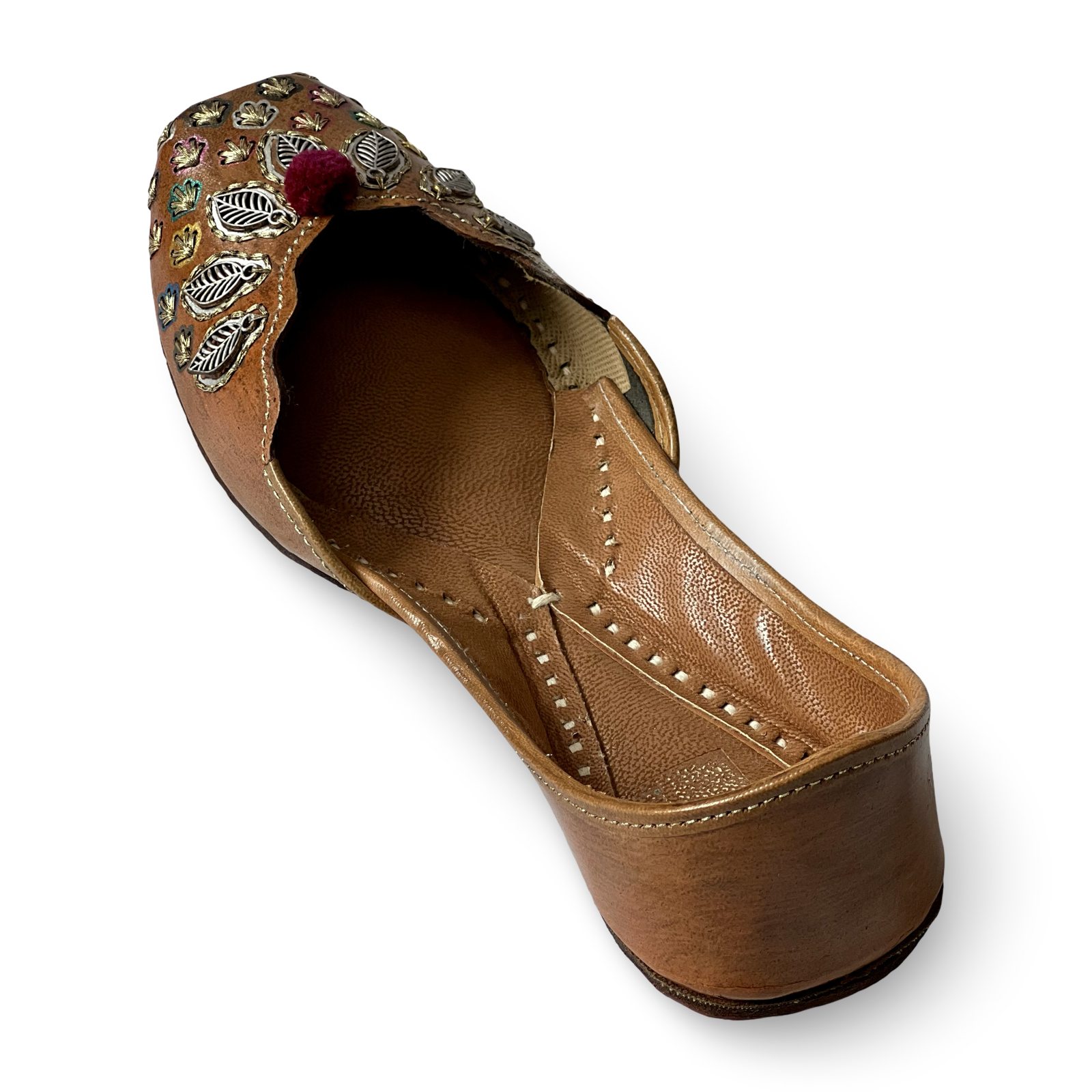 pha || women's traditional embroidered punjabi jutti, brown leather, decorative metal leaf design, phas juttis