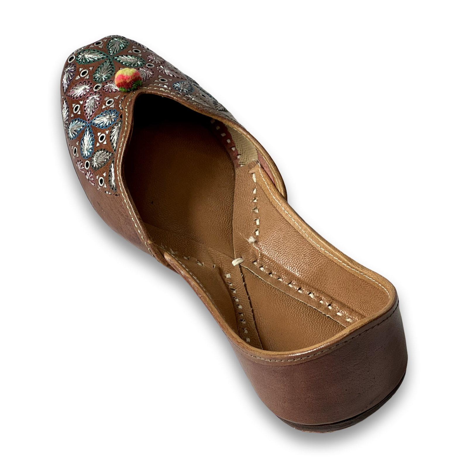 pha || women's embroidered leather jutti, traditional brown floral design, round toe punjabi jutti