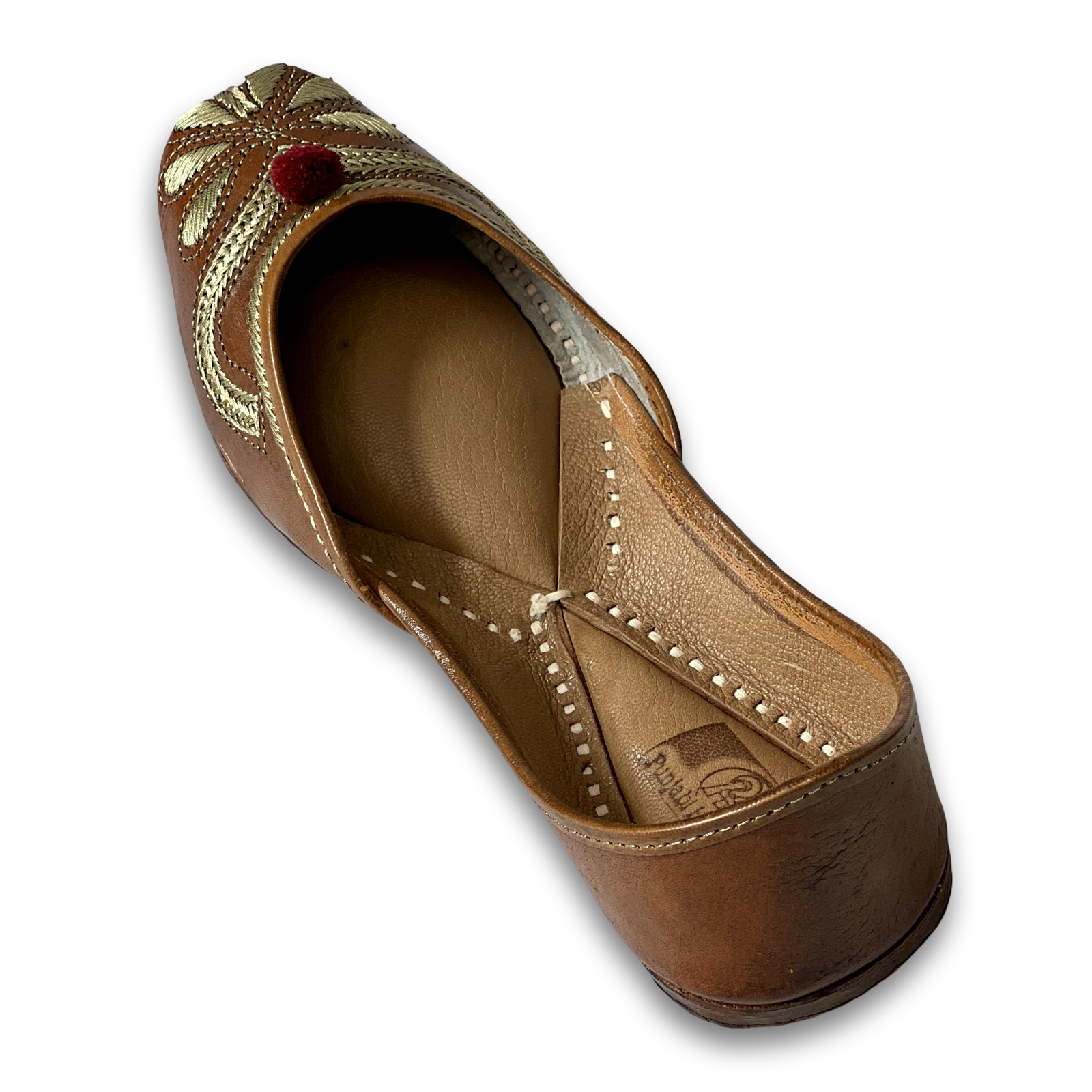 pha || traditional women's embroidered leather soft punjabi jutti, brown with gold floral design, mary jane style punjabi juttis