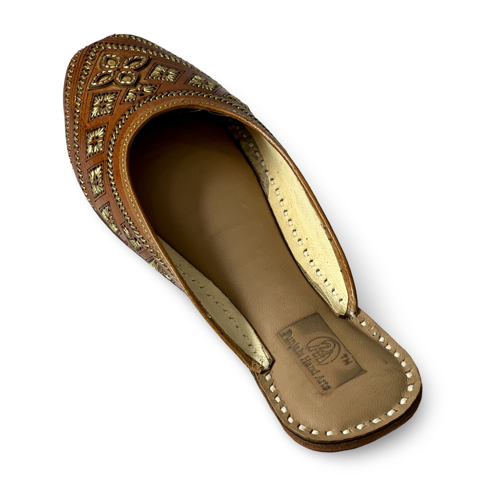 pha || women's traditional handcrafted leather mules, brown with gold embroidery, back open jutti | phas punjabi juttis