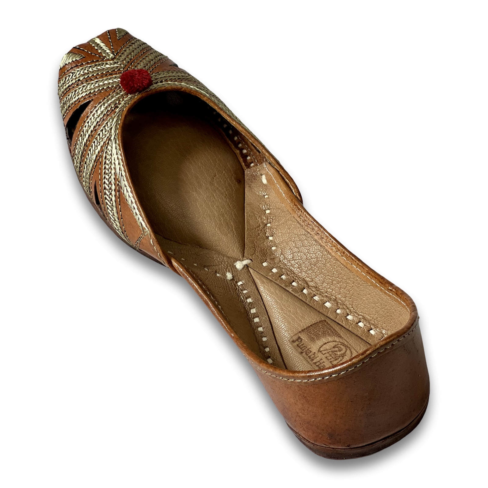 pha || women's woven leather soft punjabi jutti, brown and gold, decorative red pom pom, vintage style juttis