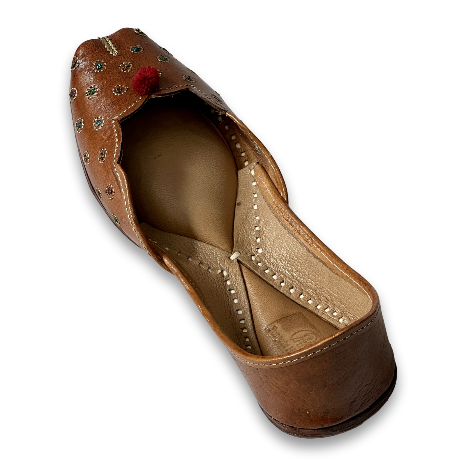 pha || traditional handcrafted leather juttis, brown with gold embroidered leaves, red pom pom soft & durable punjabi jutti