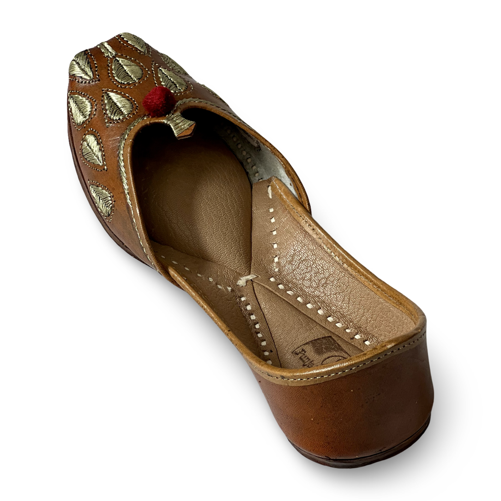 pha || traditional handcrafted leather juttis, brown with gold embroidered leaves, red pom pom soft & durable punjabi jutti