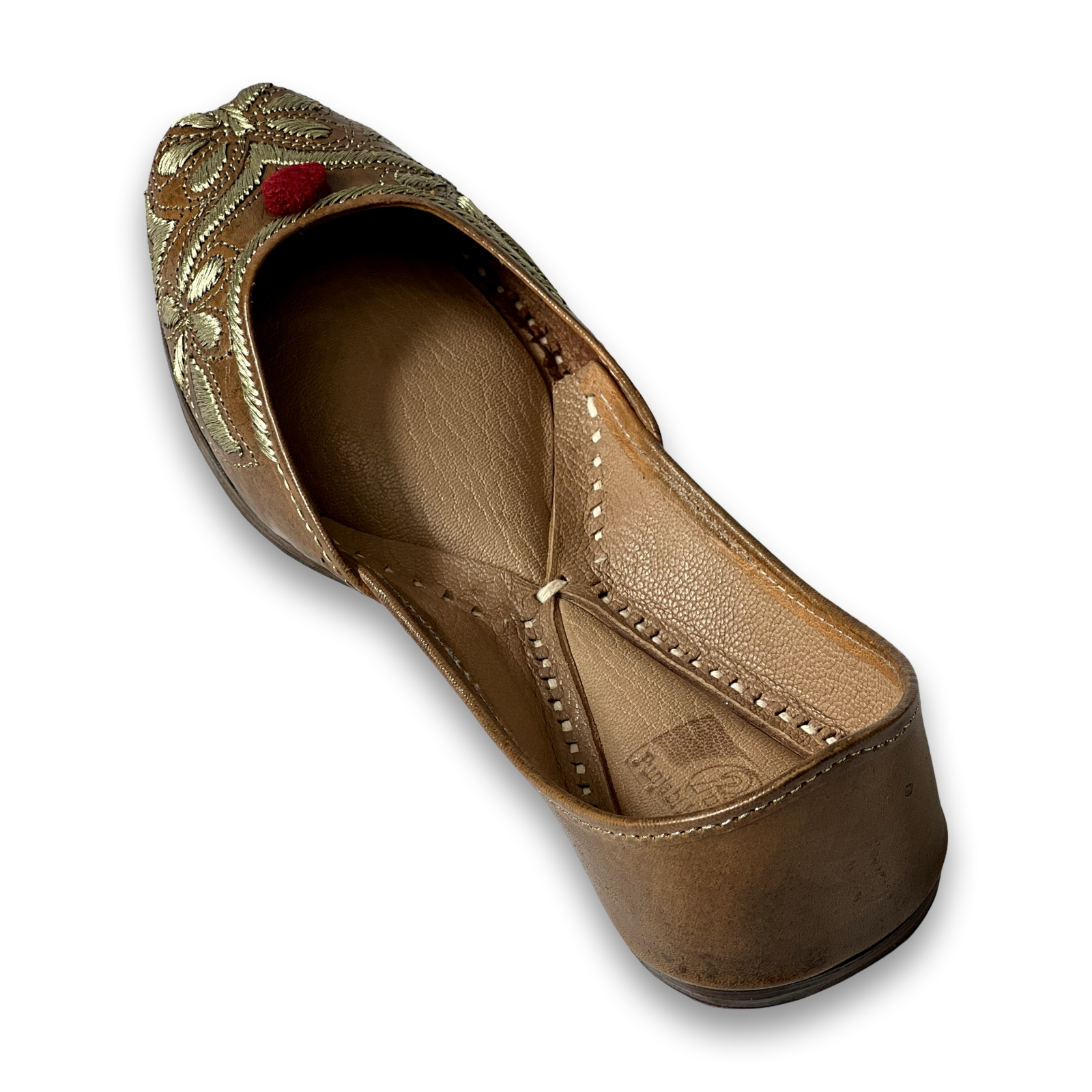 pha || traditional embroidered floral punjabi juttis, brown leather with gold thread design, red pom pom soft & durable jutti