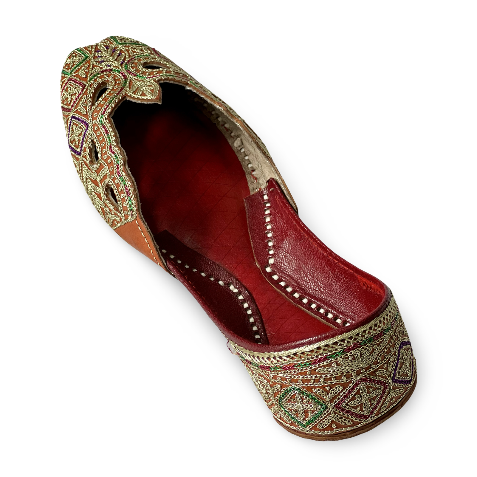 pha || women's traditional embroidered leather punjabi jutti, orange with multicolour thread work, handcrafted ethnic juttis