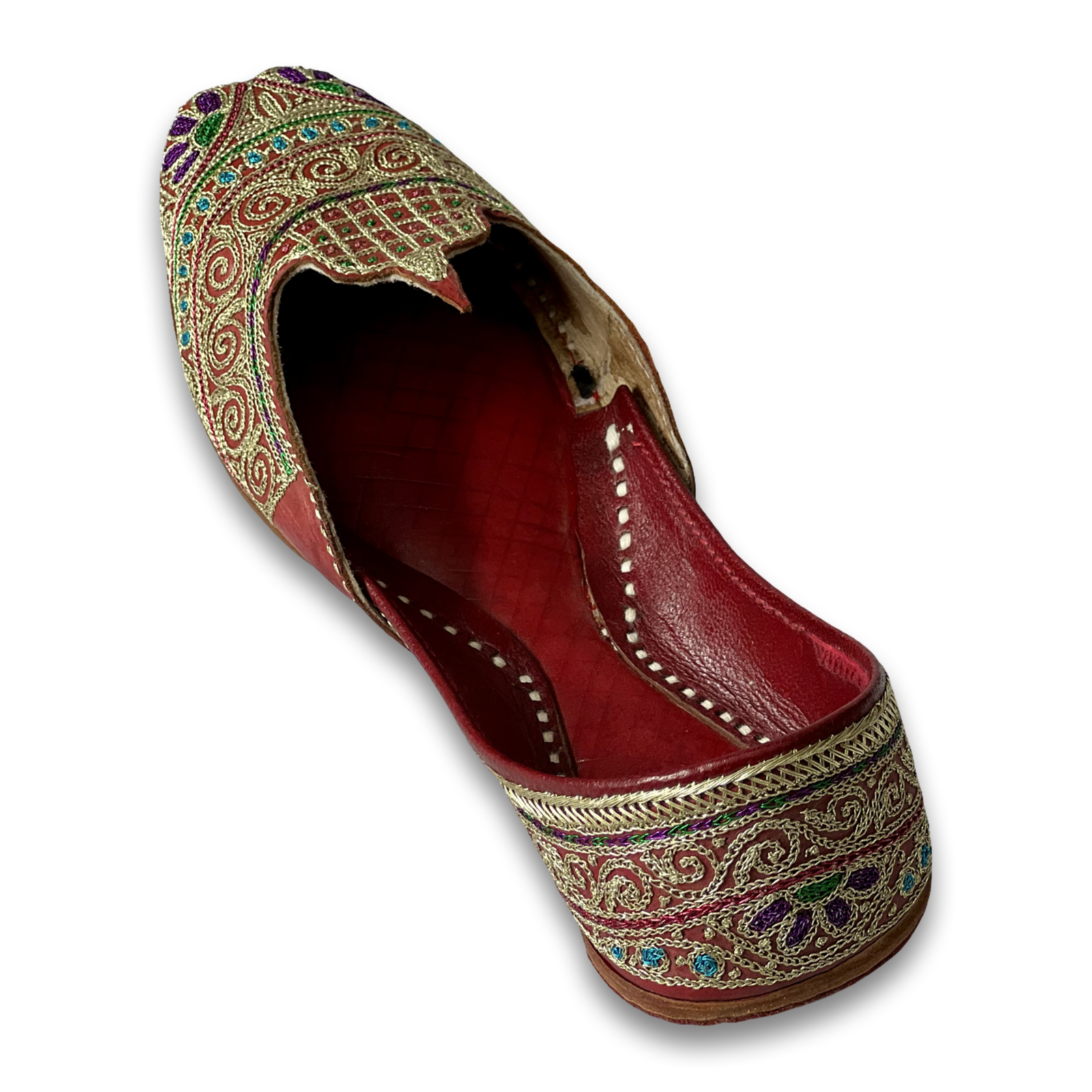 pha || women's traditional handcrafted leather punjabi jutti, embroidered with multi colour thread work, maroon jutti
