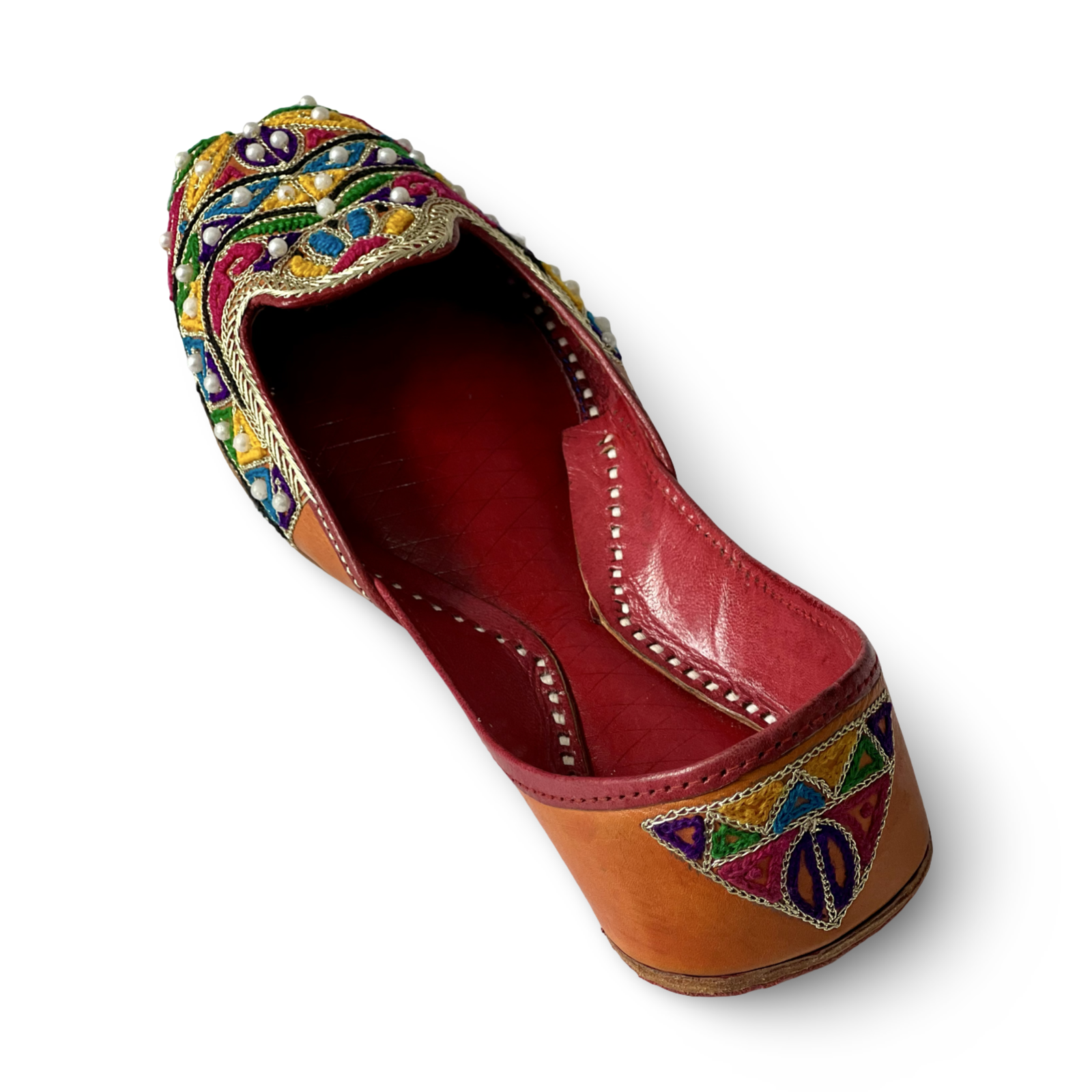 pha || women's traditional handcrafted leather punjabi jutti, multicolour embroidered, pearl beaded juttis, orange juttis