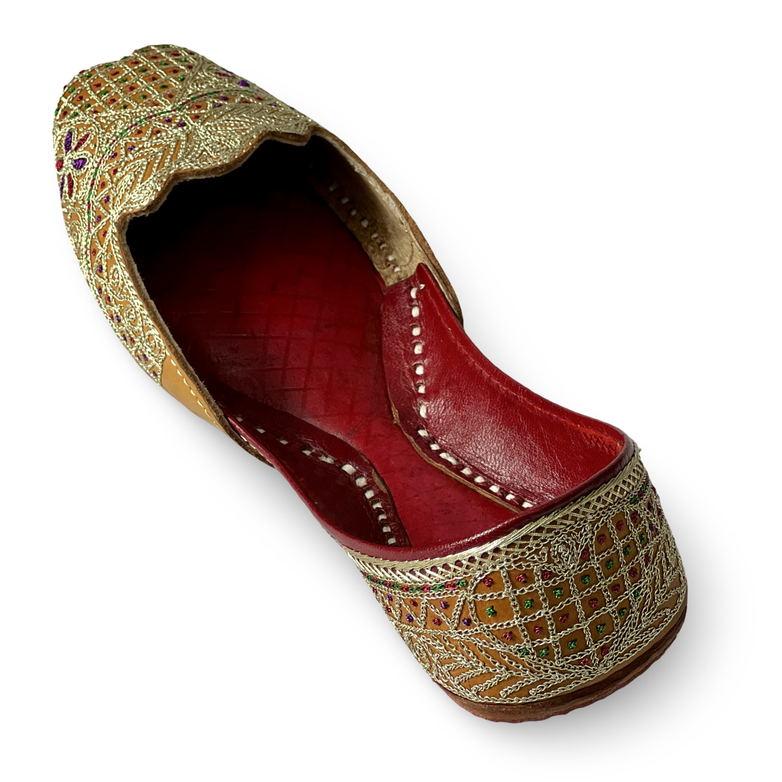 pha || women's traditional handcrafted leather punjabi jutti, gold embroidered, multicolour floral cut design juttis