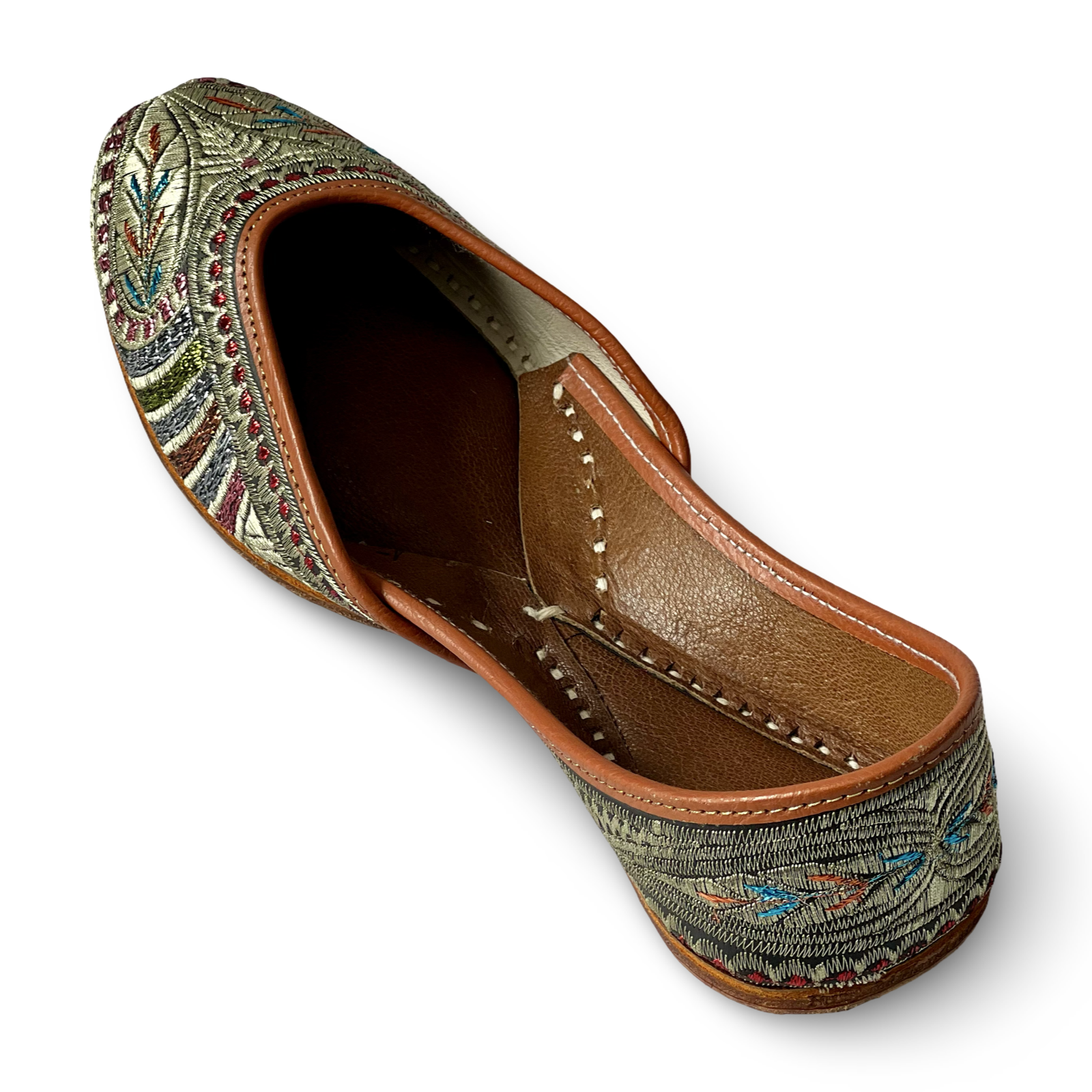 pha || women's traditional embroidered brown leather trim punjabi jutti, multicolour floral pattern jutti