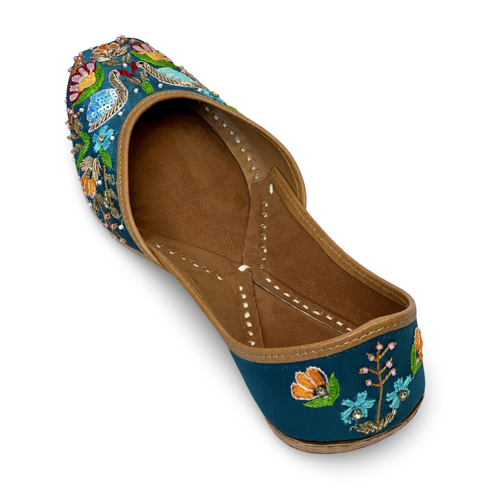 pha || traditional women's floral embroidered punjabi jutti flats, navy blue with multi colour stitching, stylish peacock design jutti