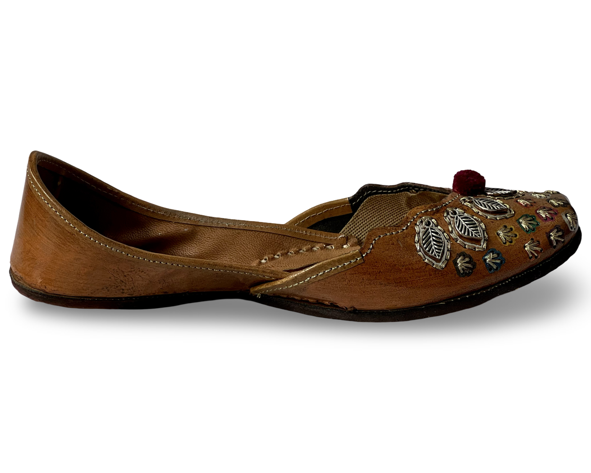pha || women's traditional embroidered punjabi jutti, brown leather, decorative metal leaf design, phas juttis