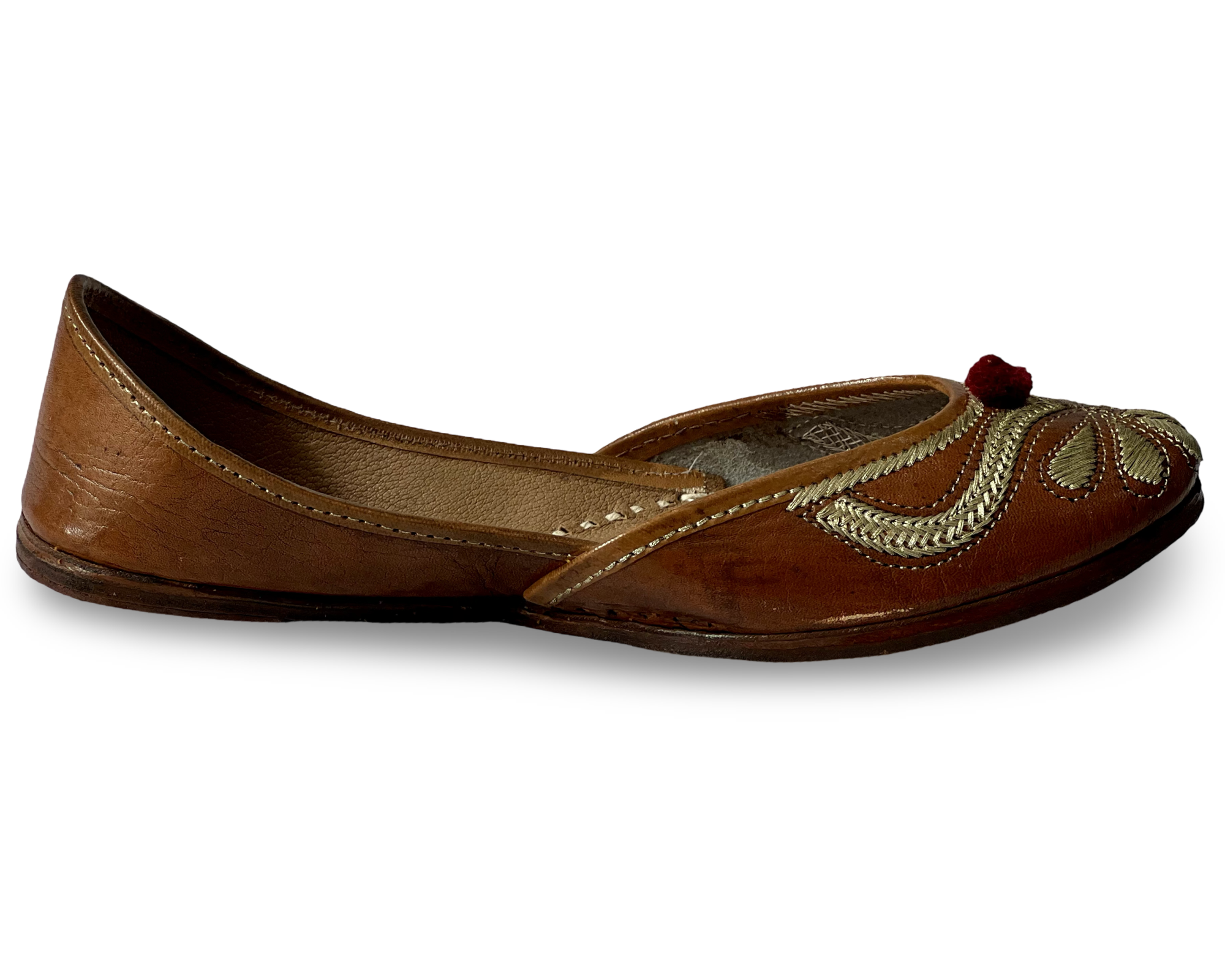 pha || traditional women's embroidered leather soft punjabi jutti, brown with gold floral design, mary jane style punjabi juttis