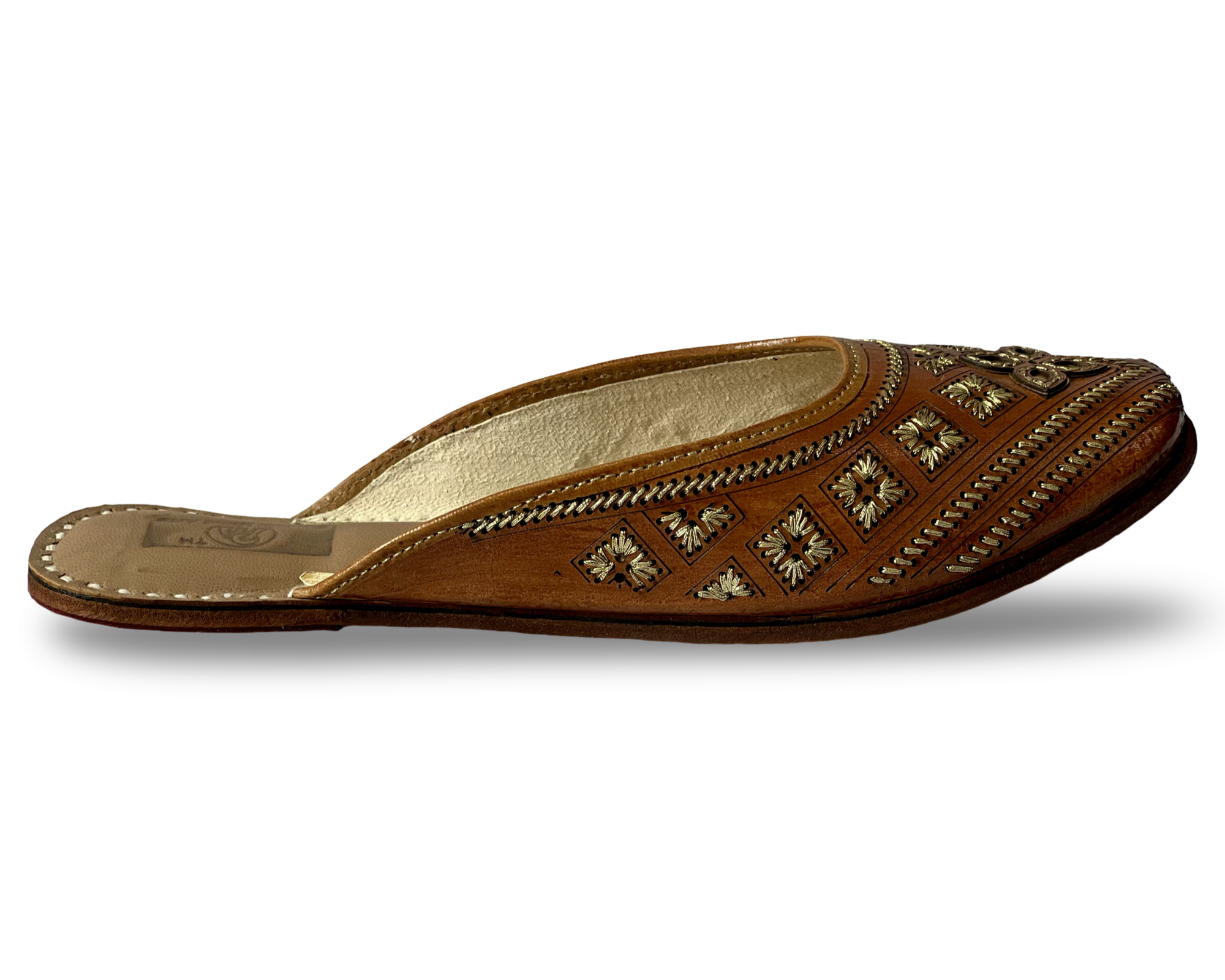 pha || women's traditional handcrafted leather mules, brown with gold embroidery, back open jutti | phas punjabi juttis