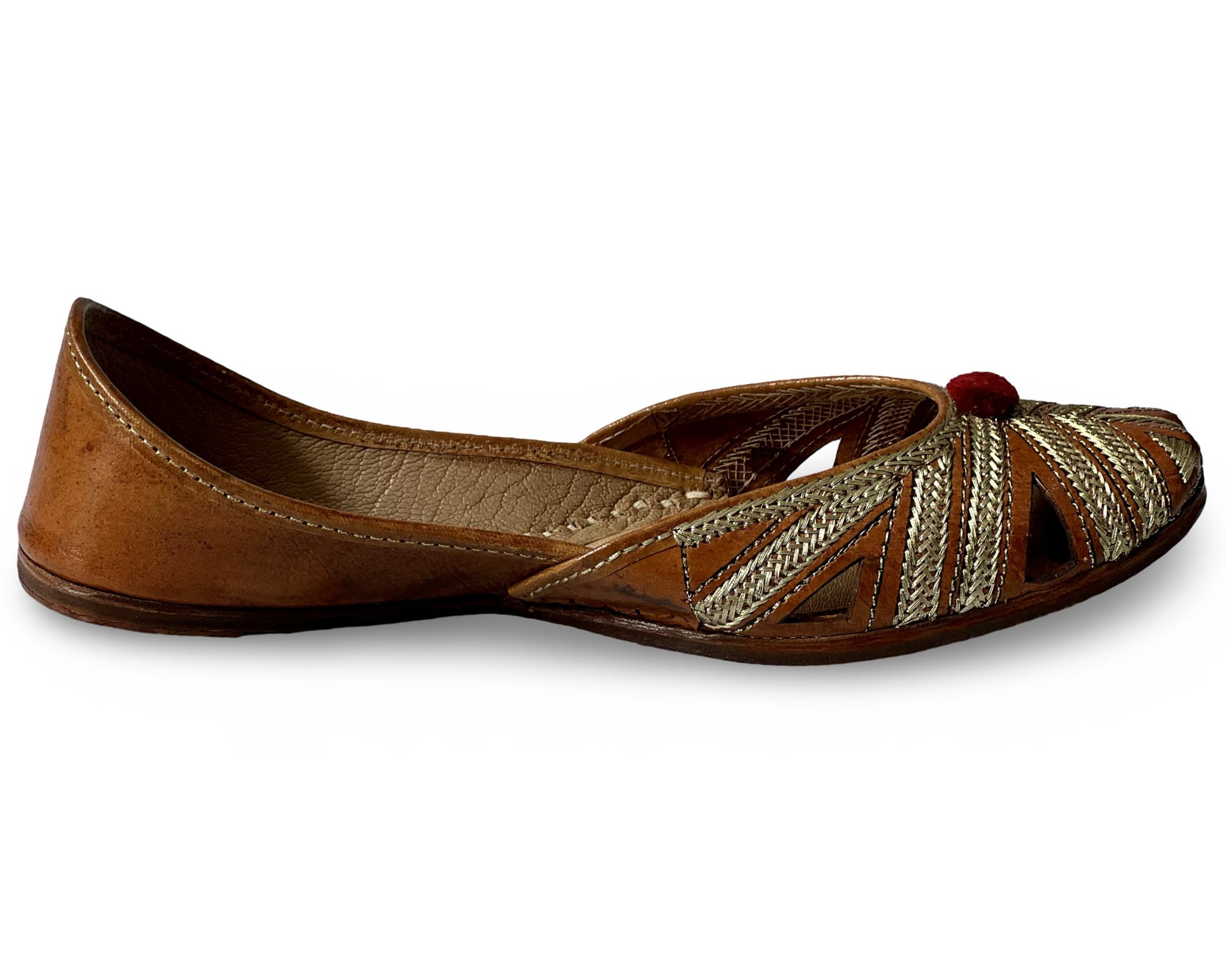 pha || women's woven leather soft punjabi jutti, brown and gold, decorative red pom pom, vintage style juttis