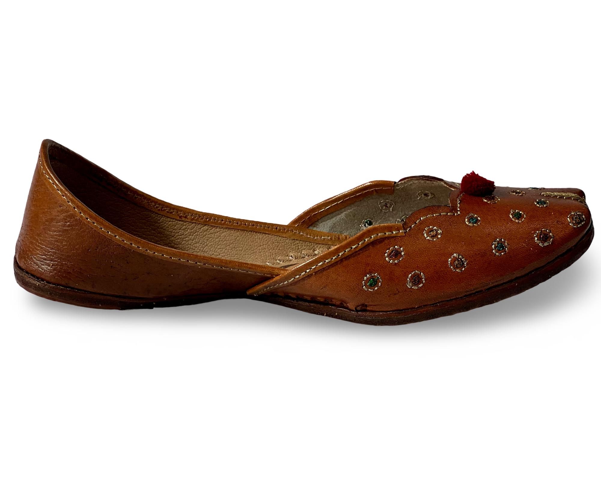 pha || traditional handcrafted leather juttis, brown with gold embroidered leaves, red pom pom soft & durable punjabi jutti