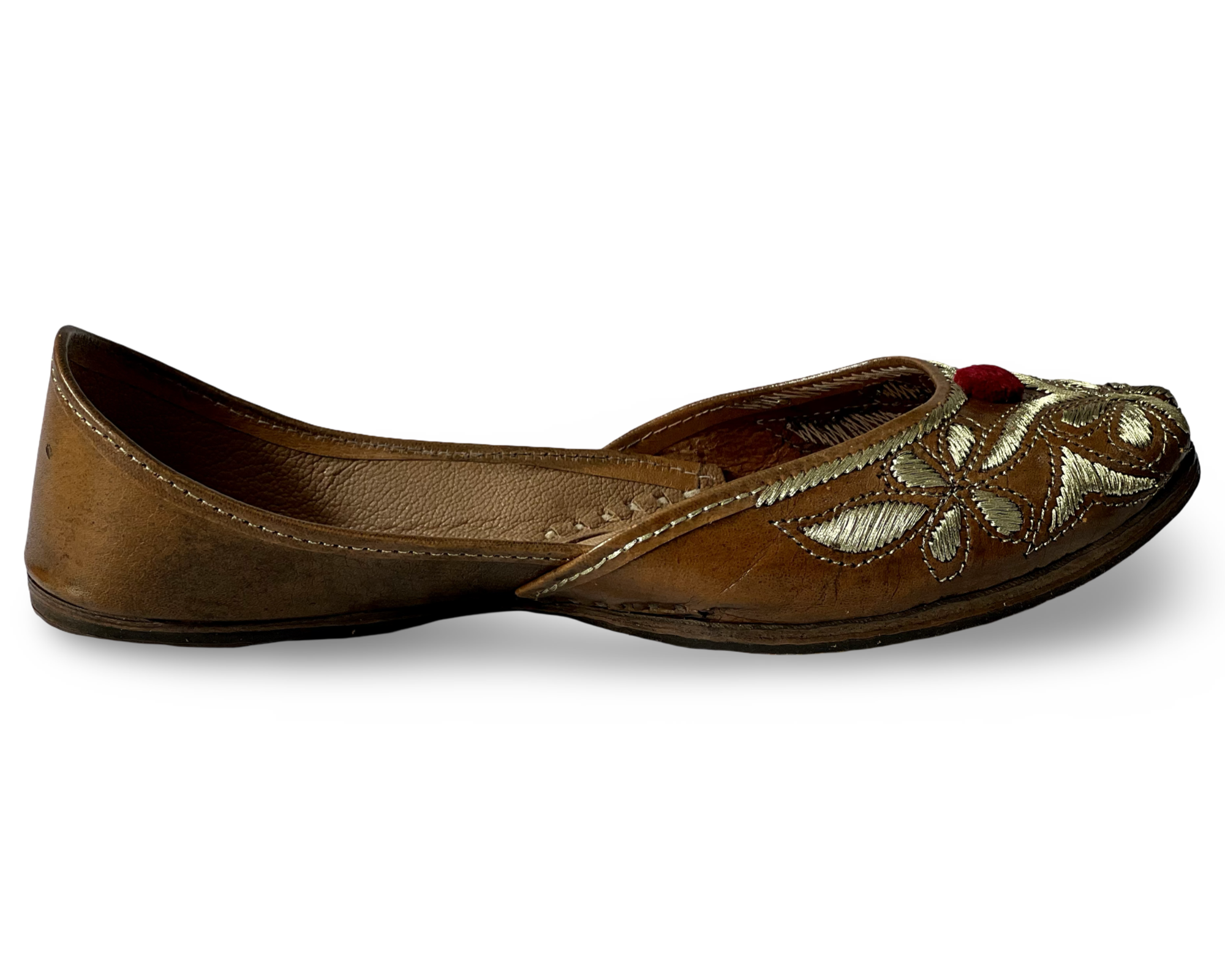 pha || traditional embroidered floral punjabi juttis, brown leather with gold thread design, red pom pom soft & durable jutti