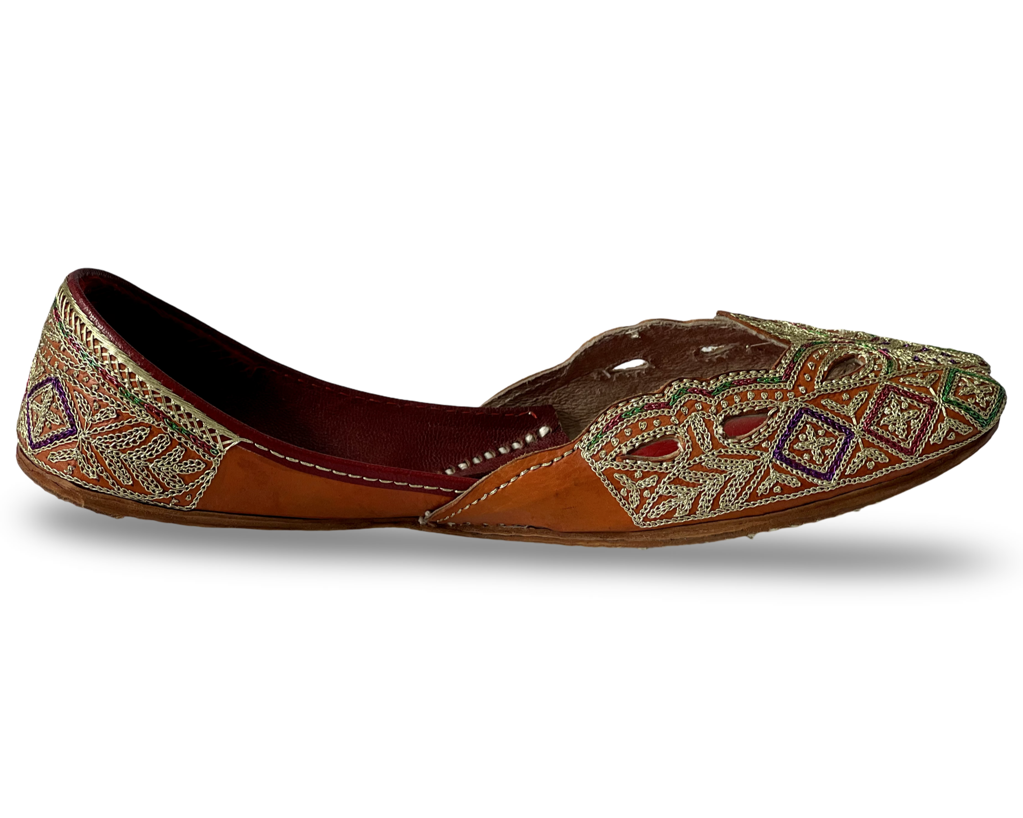 pha || women's traditional embroidered leather punjabi jutti, orange with multicolour thread work, handcrafted ethnic juttis