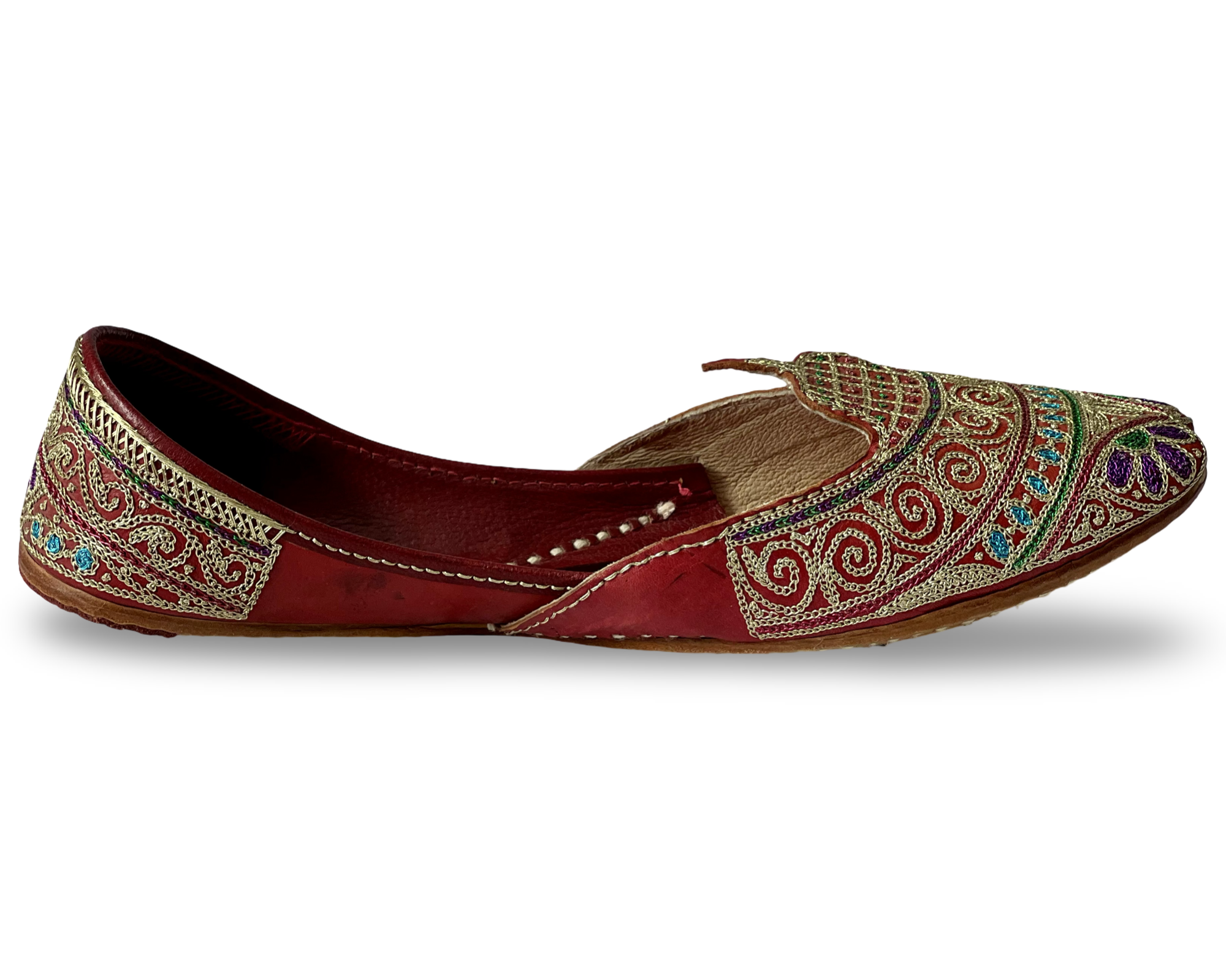 pha || women's traditional handcrafted leather punjabi jutti, embroidered with multi colour thread work, maroon jutti