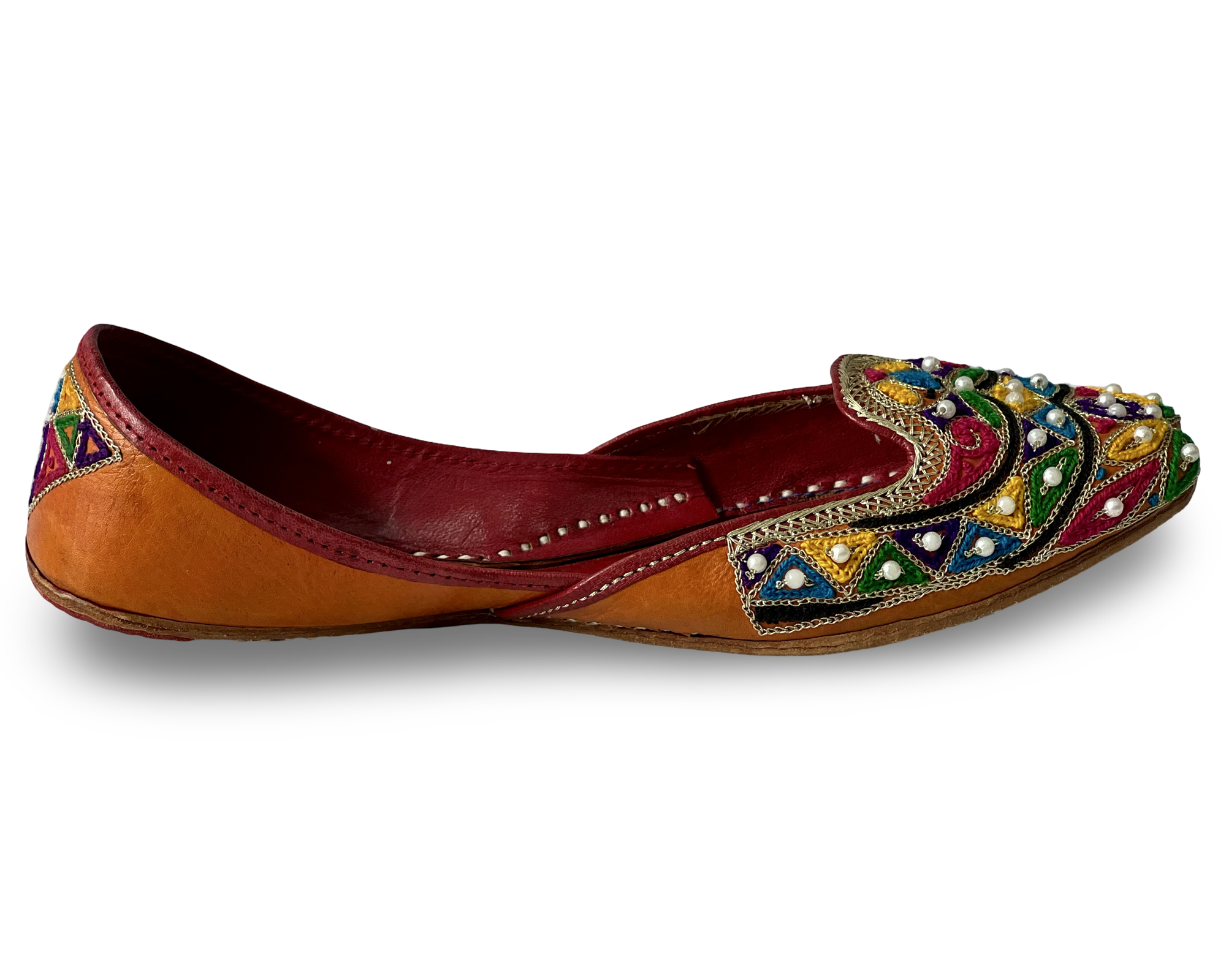 pha || women's traditional handcrafted leather punjabi jutti, multicolour embroidered, pearl beaded juttis, orange juttis
