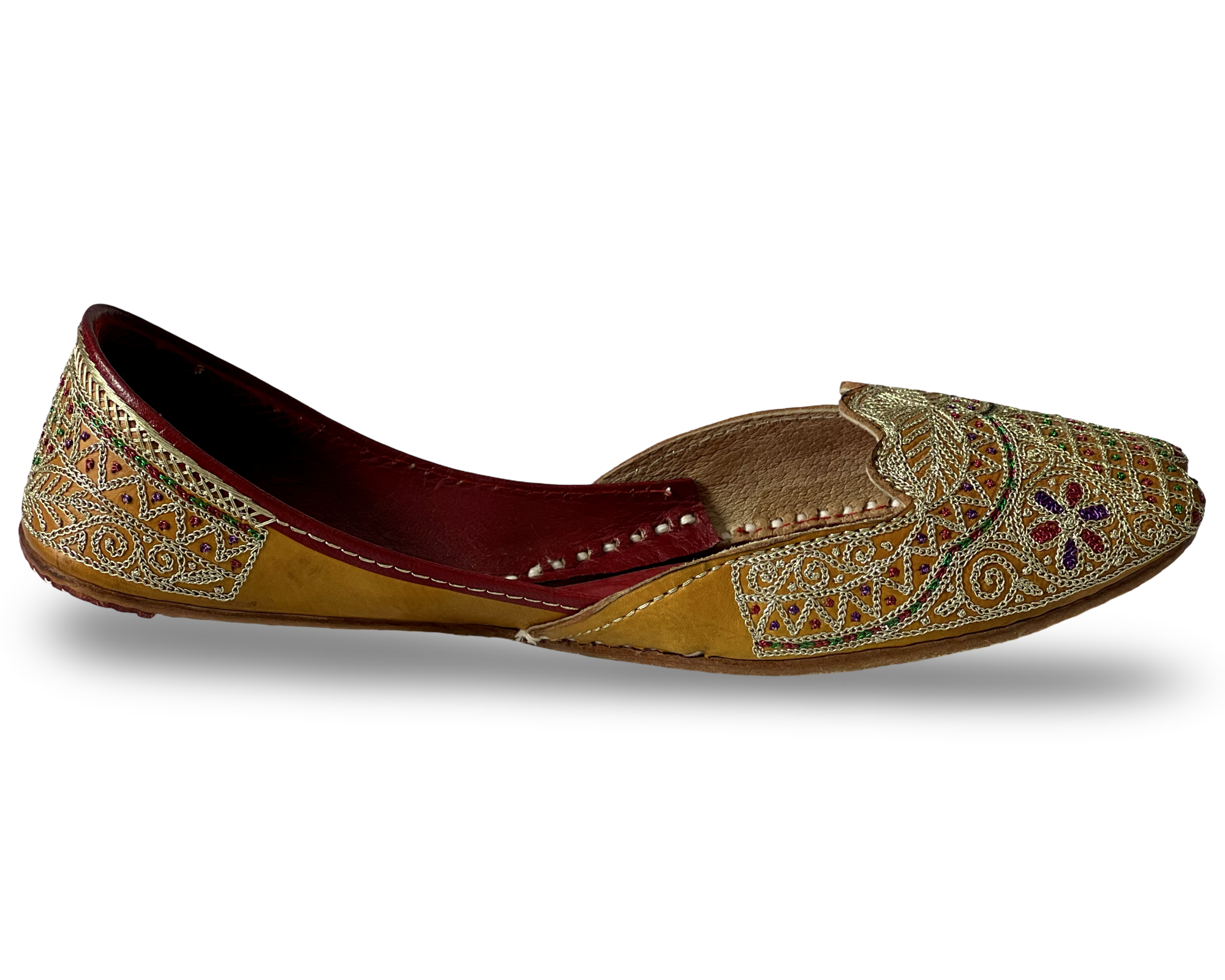 pha || women's traditional handcrafted leather punjabi jutti, gold embroidered, multicolour floral cut design juttis