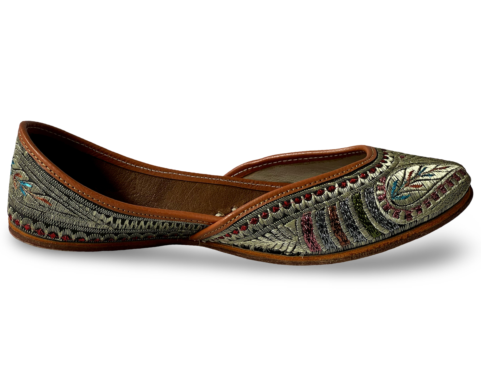 pha || women's traditional embroidered brown leather trim punjabi jutti, multicolour floral pattern jutti