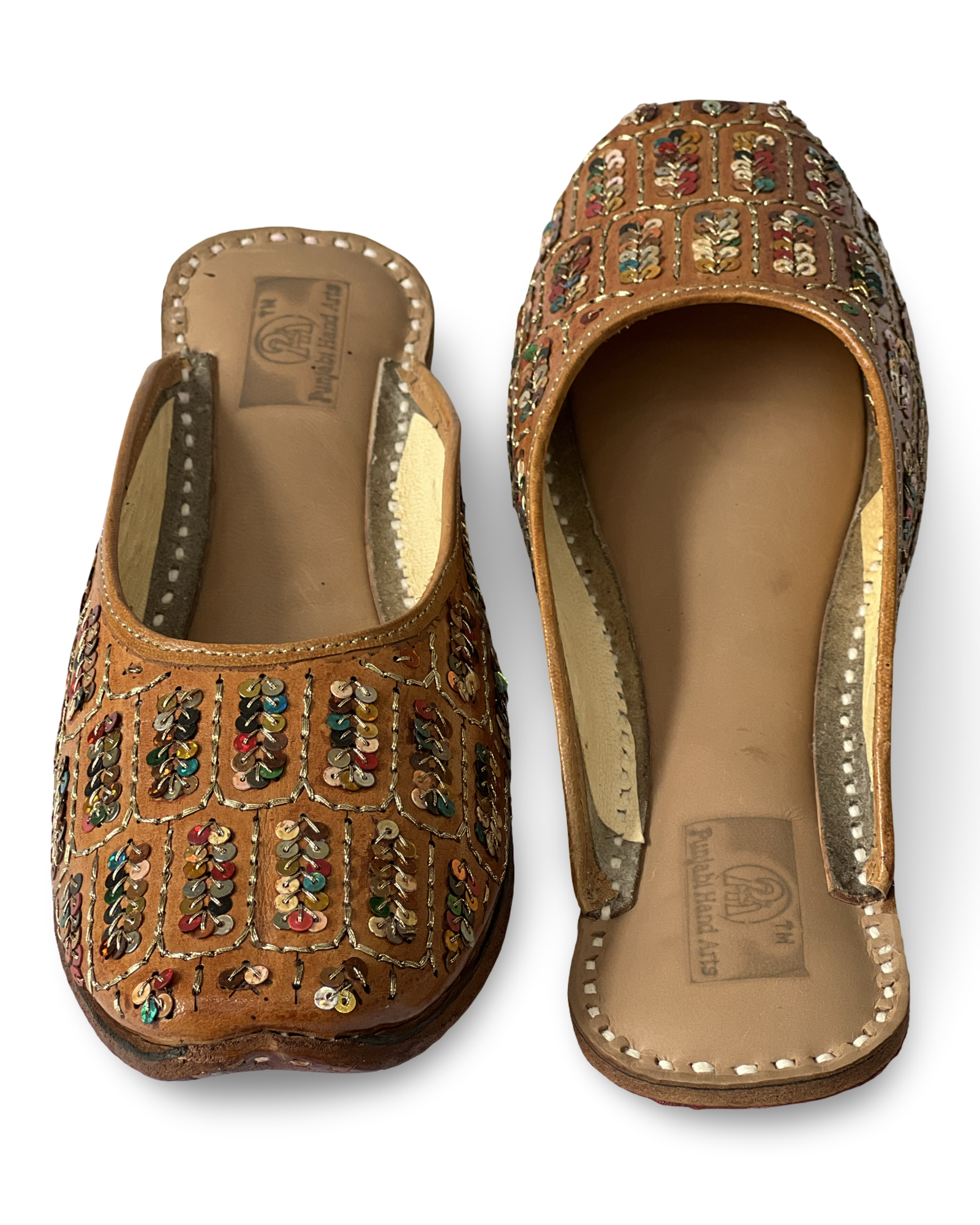 pha || wome's traditional sequined leather mojari, back open handcrafted embellished flats jutti | punjabi juttis