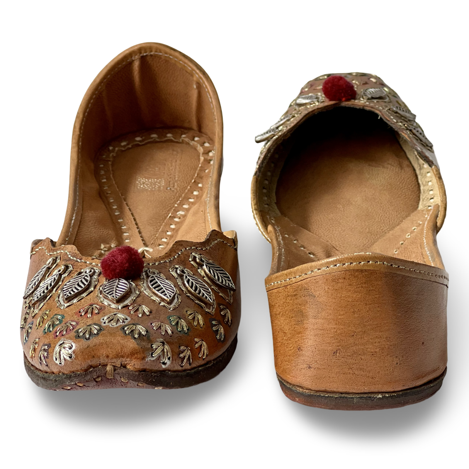 pha || women's traditional embroidered punjabi jutti, brown leather, decorative metal leaf design, phas juttis