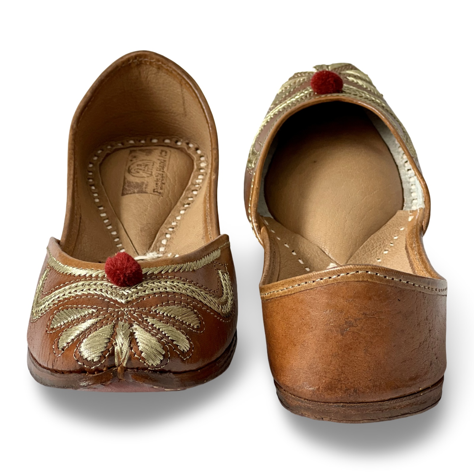 pha || traditional women's embroidered leather soft punjabi jutti, brown with gold floral design, mary jane style punjabi juttis