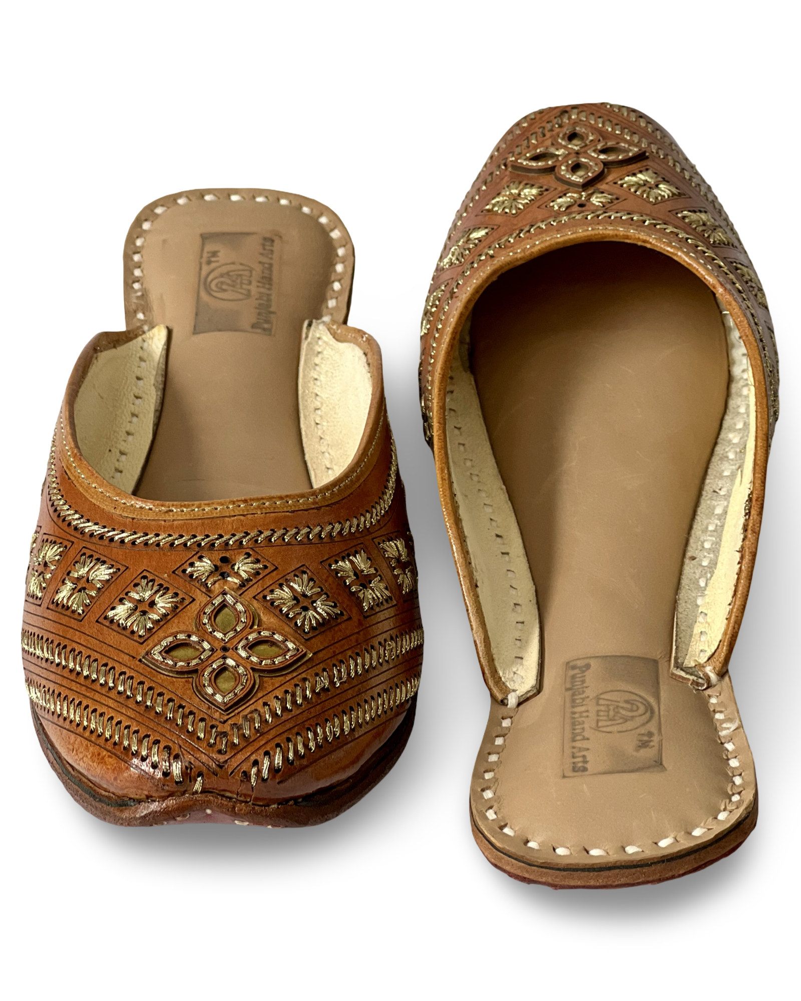 pha || women's traditional handcrafted leather mules, brown with gold embroidery, back open jutti | phas punjabi juttis