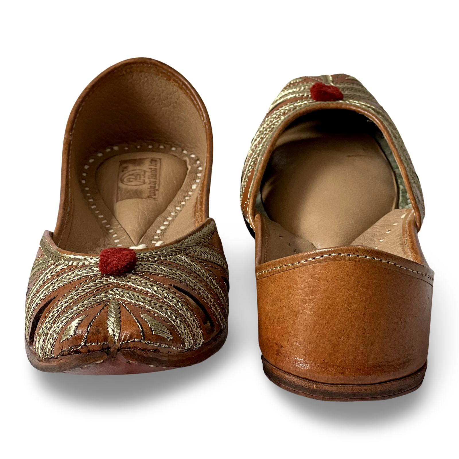 pha || women's woven leather soft punjabi jutti, brown and gold, decorative red pom pom, vintage style juttis