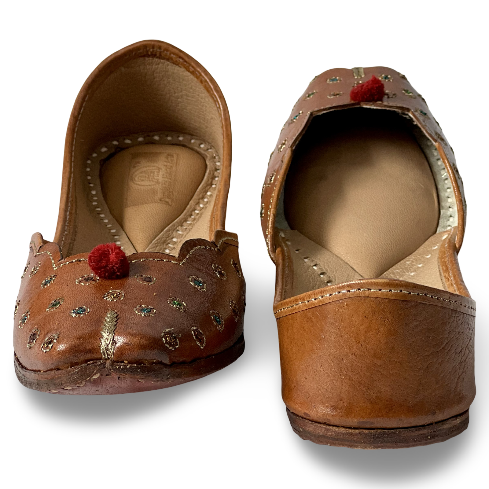 pha || traditional handcrafted leather juttis, brown with gold embroidered leaves, red pom pom soft & durable punjabi jutti