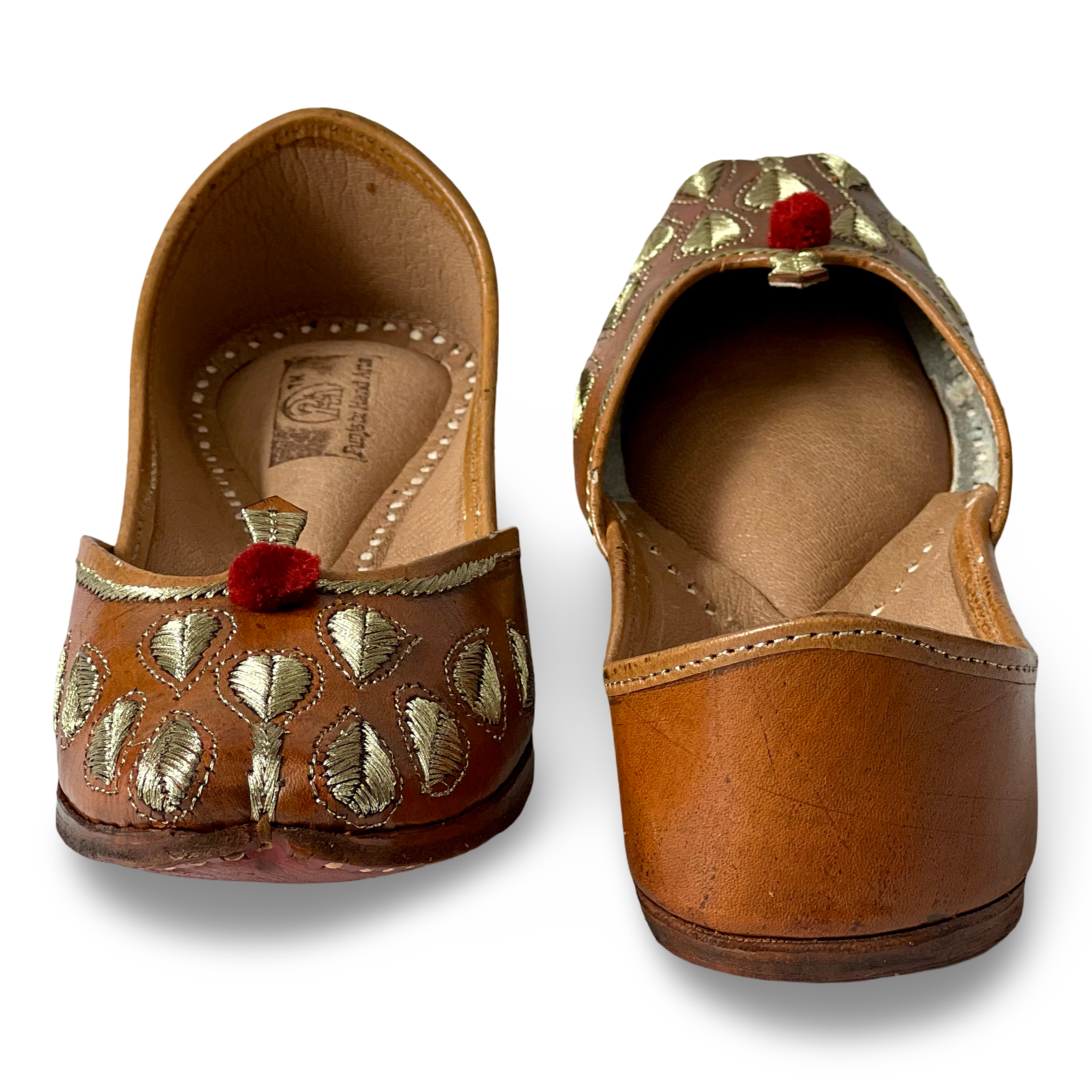 pha || traditional handcrafted leather juttis, brown with gold embroidered leaves, red pom pom soft & durable punjabi jutti