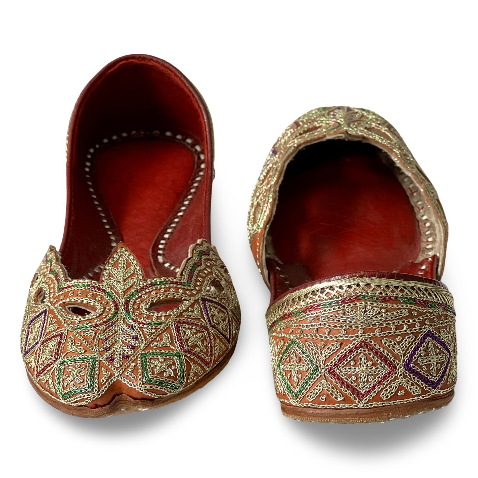 pha || women's traditional embroidered leather punjabi jutti, orange with multicolour thread work, handcrafted ethnic juttis
